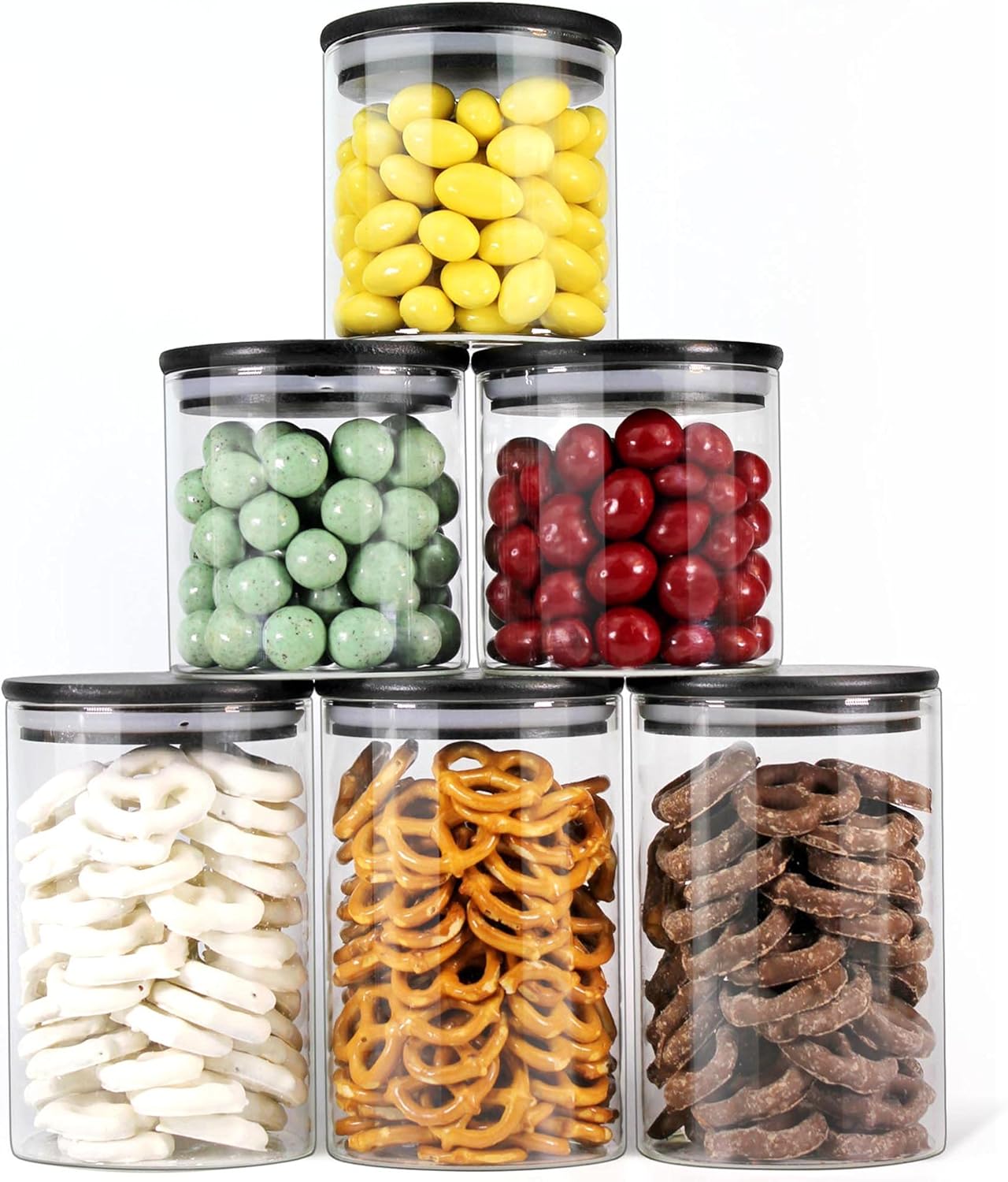 Urban Green Glass Jars with Black Bamboo Lids, Food Storage Containers with Airtight Black Lids, Glass Kitchen Canisters Sets (3 pack of 20oz + 3 pack of 30oz)