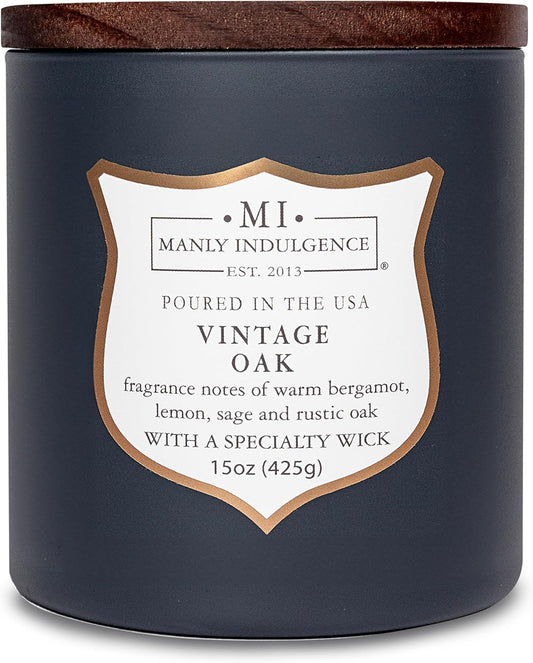 Manly Indulgence Vintage Oak Scented Candles for Men, 15 oz Wooden Wick, Premium Soy Blend Wax, 60H Burn, Candles for Home Scented - Made in The USA