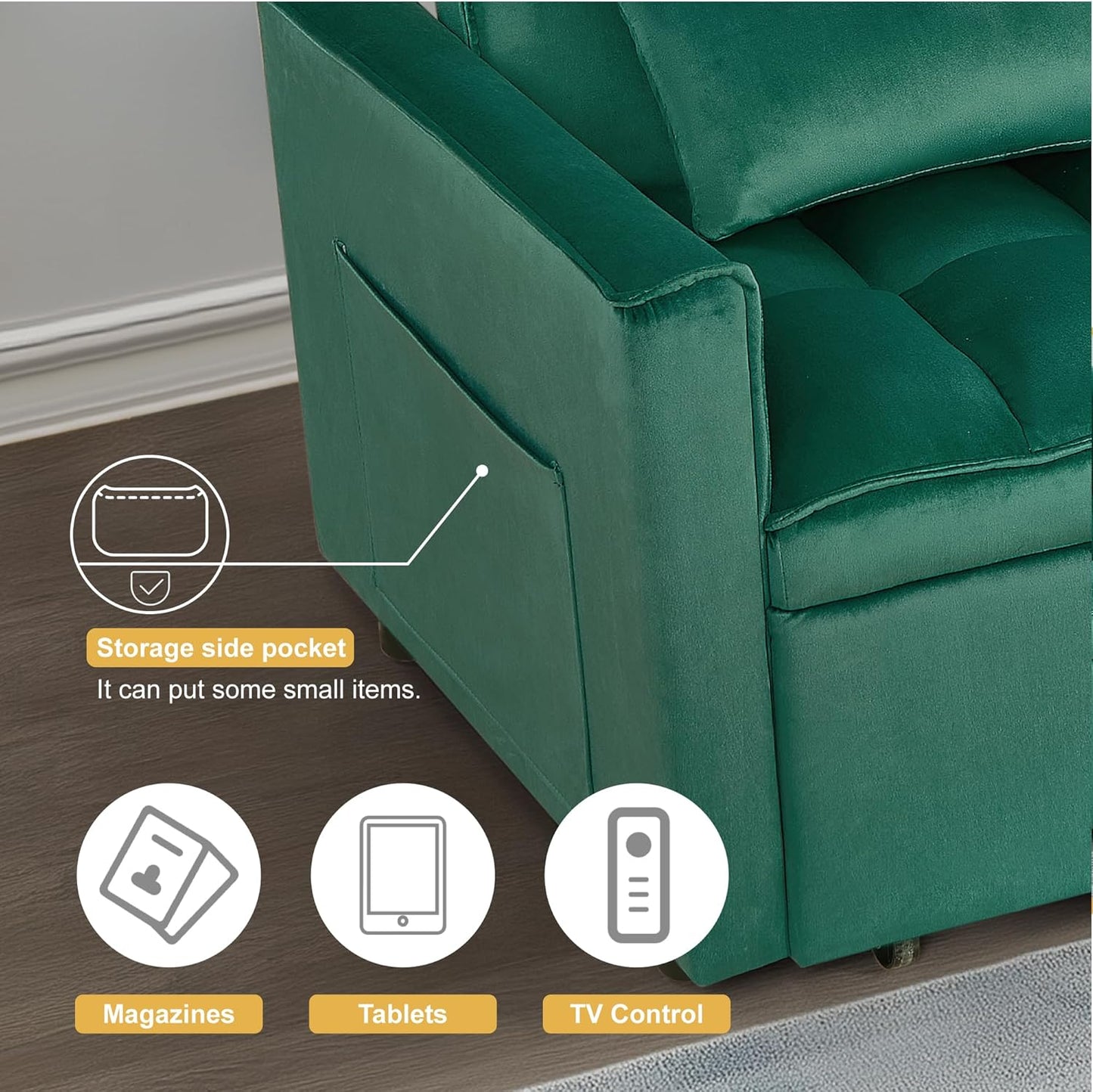 3 in 1 Sleeper Sofa Bed, Futon Sofa Bed for Living Room with Side Pocket, Green Sleepers Sofas Couch with Pullout Beds, Convertible Love Seat Sleepers Couch for Living Room, Bedroom