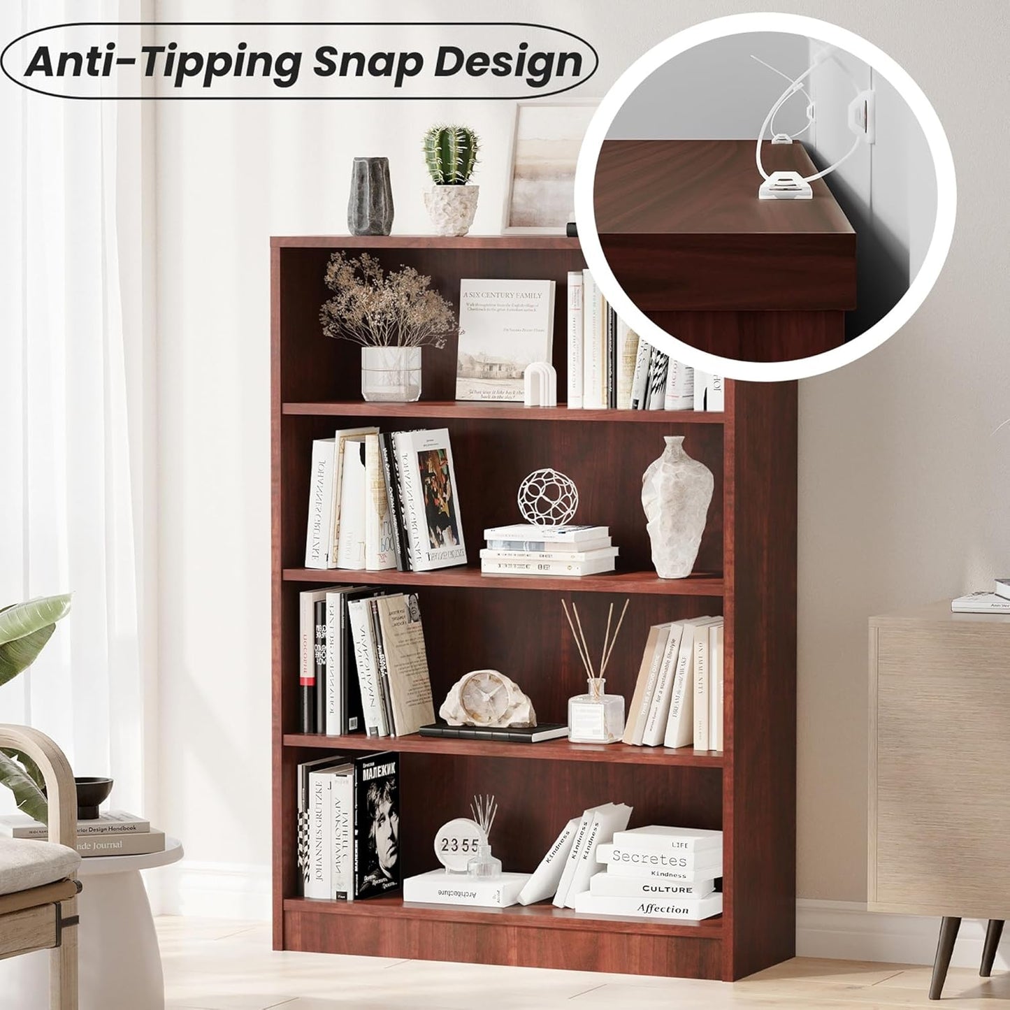 Bookshelf, Open Modern Bookshelf, 4 Shelf Bookcase with Freestanding Display Storage, Wooden Book Shelf for Bedroom, Living Room, Dinning Room, Office, 48 Inch, Brown