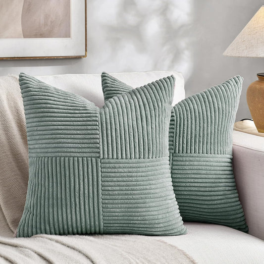 Fancy Homi 2 Packs Grey Blue Euro Decorative Throw Pillow Covers 24x24 Inch for Couch Bed Sofa, Rustic Farmhouse Boho Home Decor, Soft Corss Corduroy Patchwork Accent Big Square Cushion Case 60x60 cm