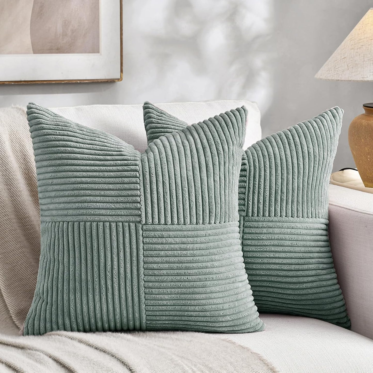 Fancy Homi 2 Packs Grey Blue Decorative Throw Pillow Covers 18x18 Inch for Couch Bed Sofa, Rustic Boho Farmhouse Home Decor, Soft Corss Corduroy Patchwork Textured Square Cushion Case 45x45 cm