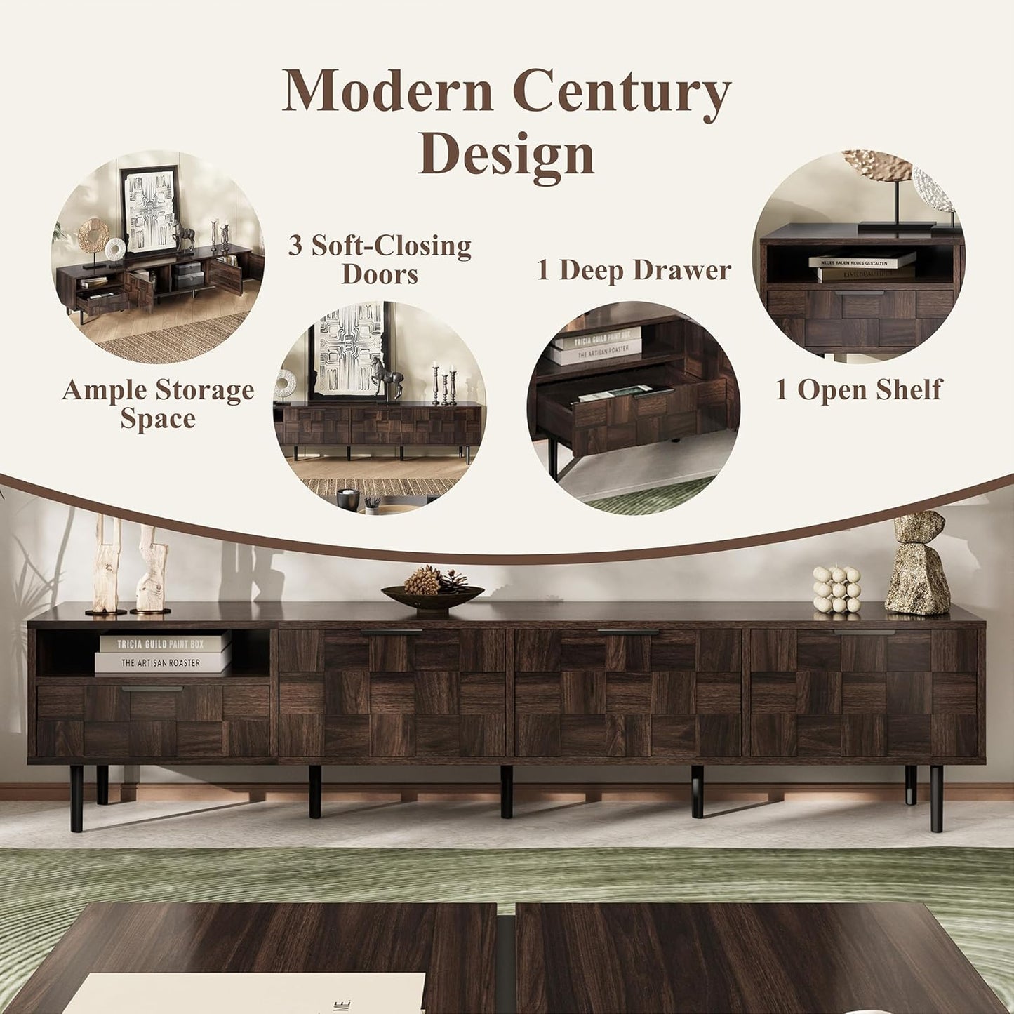 Modern TV Stand for TVs up to 85", Mid-Century Media Console with Checkered Cabinet Doors, Storage Drawers & Open Shelves, Wood Entertainment Center with Metal Legs