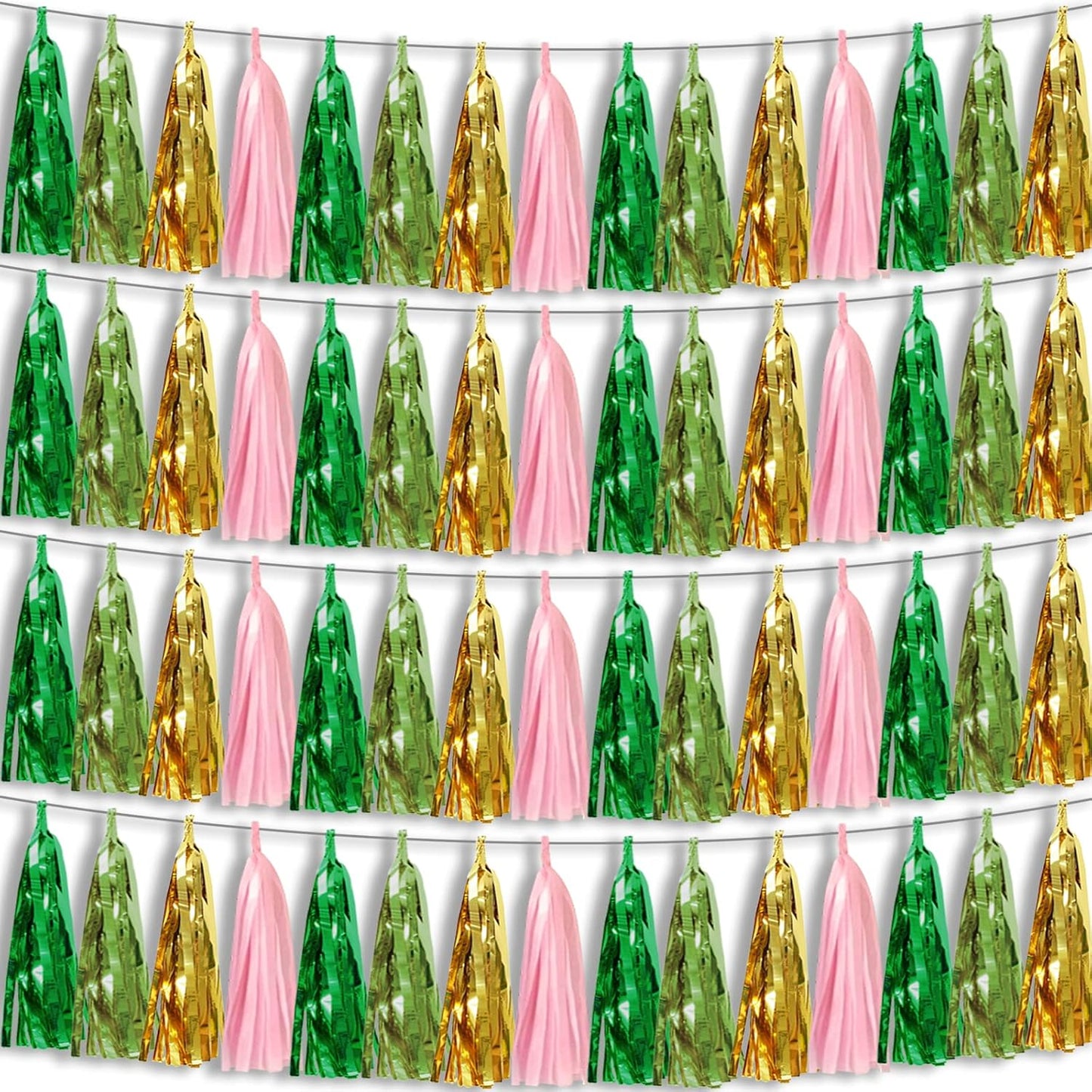 4P Sage-Green Pink-Gold Foil Fringe Metallic Tassel Garland, Tassels Banner Streamers for Parade Floats, Bachelorette, Wedding, Birthday, Halloween, Christmas, Bridal/Baby Shower Party Decorations