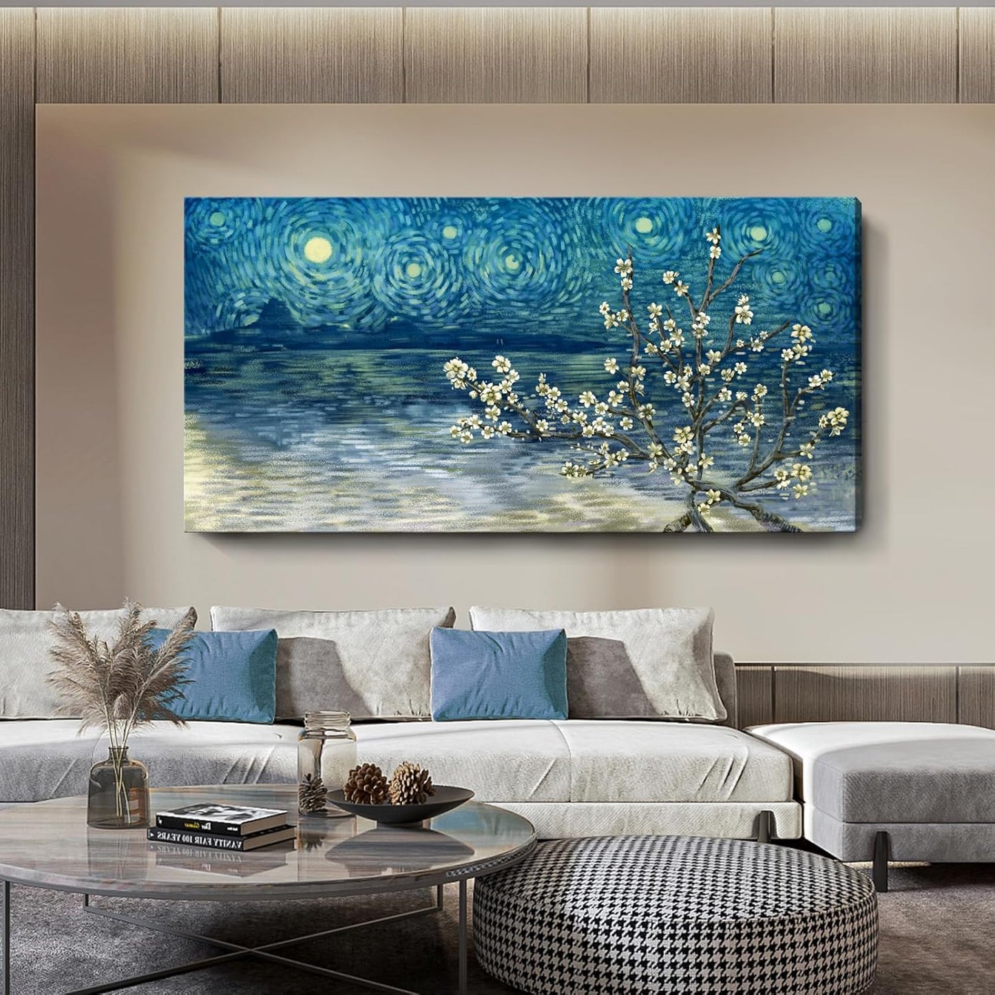 amatop Extra Large Wall Art Floral Tree Canvas Print for Living Room Bedroom Office– Oversized Plum Blossom Lake Landscape Picture Modern Blue Teal Nature Artwork Decor 58x29 Inch