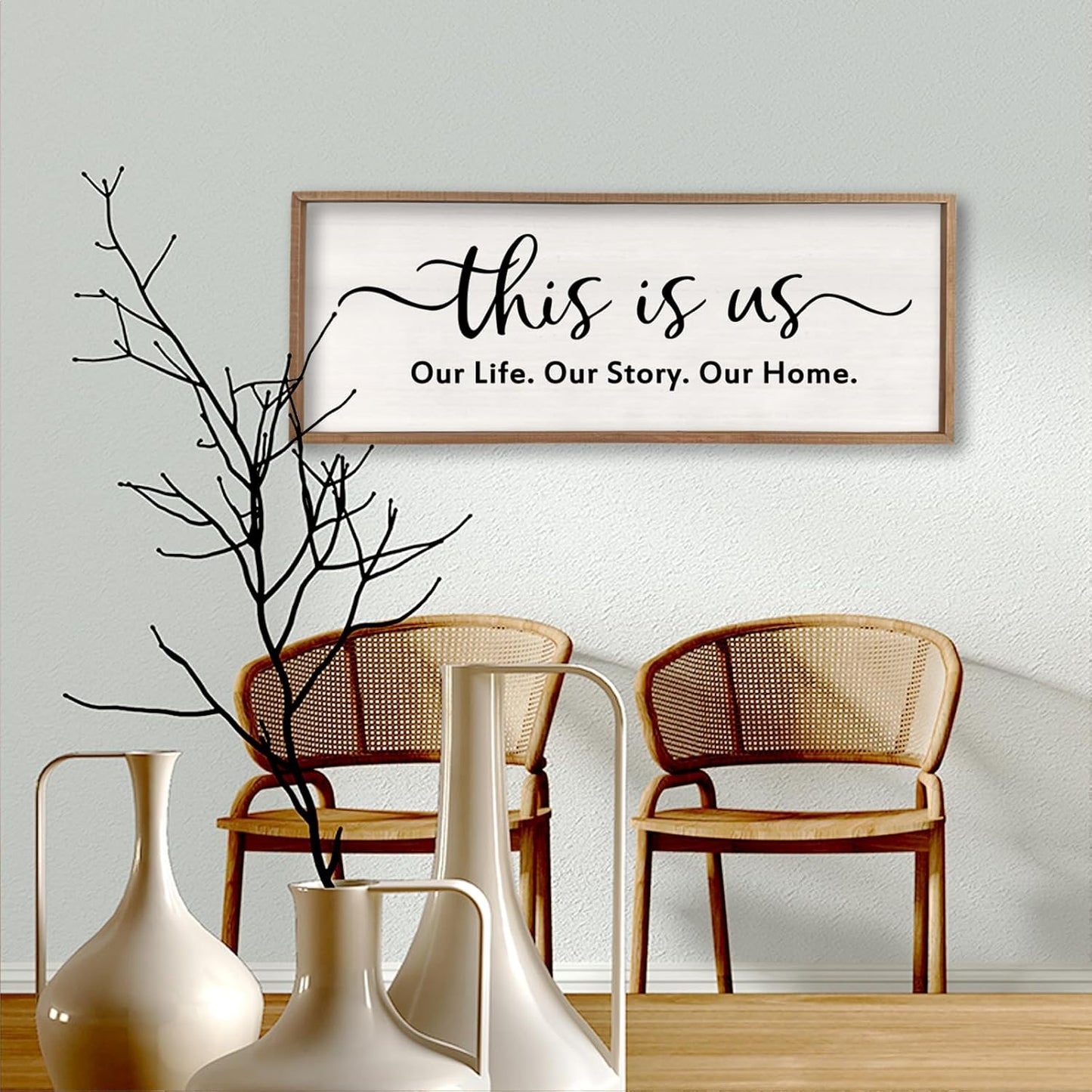 This is us Wall Decor Sign 40'' x 15'' Large Master Bedroom Home Life Story Wood Framed Vintage Family Sign Rustic Plaque Living Room Minimalist Farmhouse Hanging Wall Art (Wood)