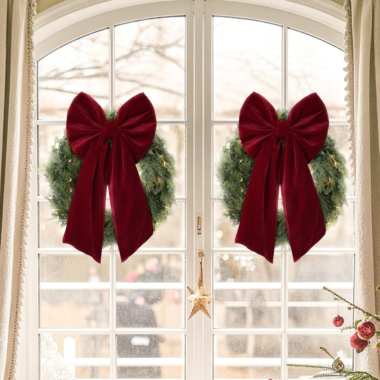 Christmas Decorations - Christmas Bows - 2 Pack 36x18 Inches Large Red Velvet Christmas Tree Topper - Burgundy Ribbon Gift Bows - Xmas Decor for Indoor Outdoor Home Wreaths Mantle Front Door Wedding