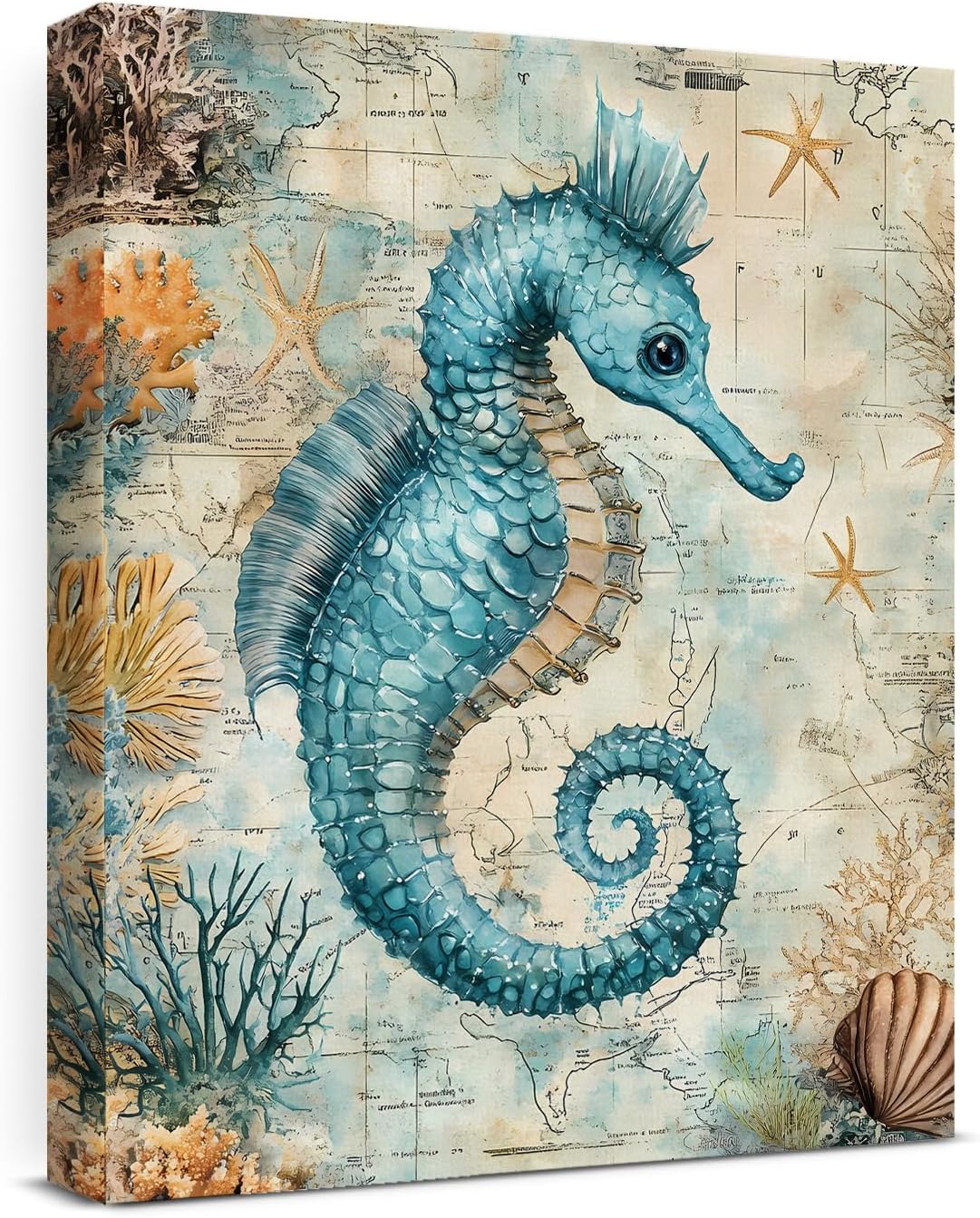 Nautical Seahorse Canvas Wall Art Sea Horse Ocean Theme Print Poster Coastal Framed Picture Painting for Home Beach House Bedroom Wall Decor 8x10 Inch
