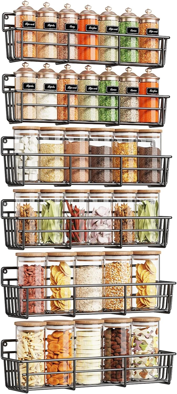 Spice Rack wall mounted 6 Pack, Space-Saving Spice Organizer for Spice Jars and Seasonings,Screw or Adhesive Hanging Spice Rack Organizer for Your Kitchen Cabinet,or Pantry Door