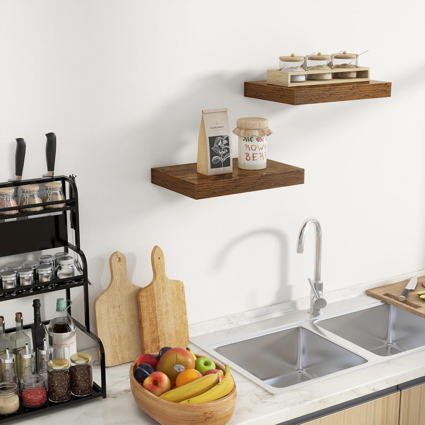 Fun Memories Wood Floating Shelves 16 Inch, 10 Inch Deep Shelves Wall Mount, Wall Shelves with Invisible Bracket, 16" Floating Shelves for Living Room Bathroom Bedroom, Rustic Brown, Set of 2