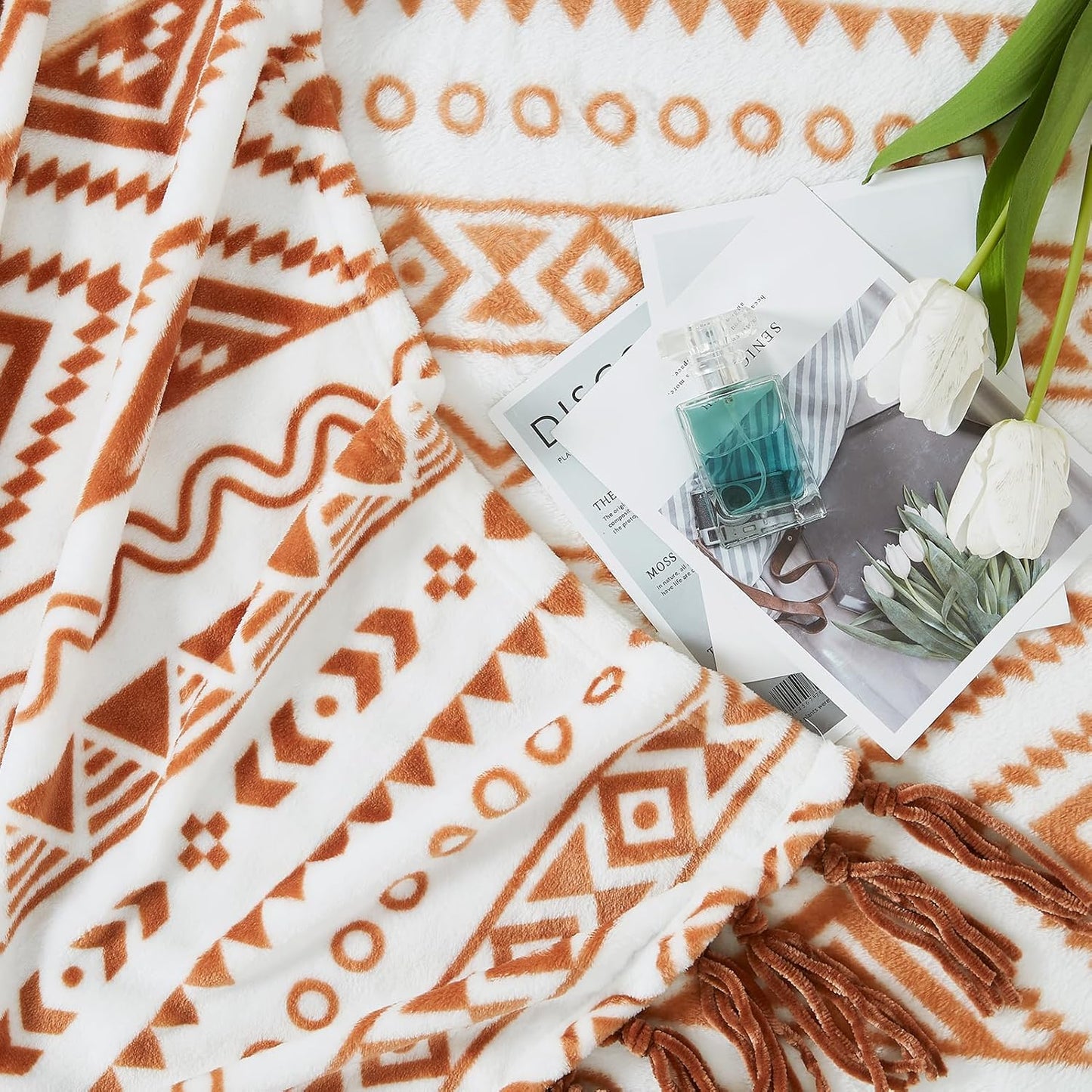 CASAAGUSTO Boho Throw Blanket - Terrcotta Decorative Blankets with Tassel, Printed Flannel Bohemian Blanket for Chair, Bed, Sofa, Couch(60 * 80, Terrcotta)