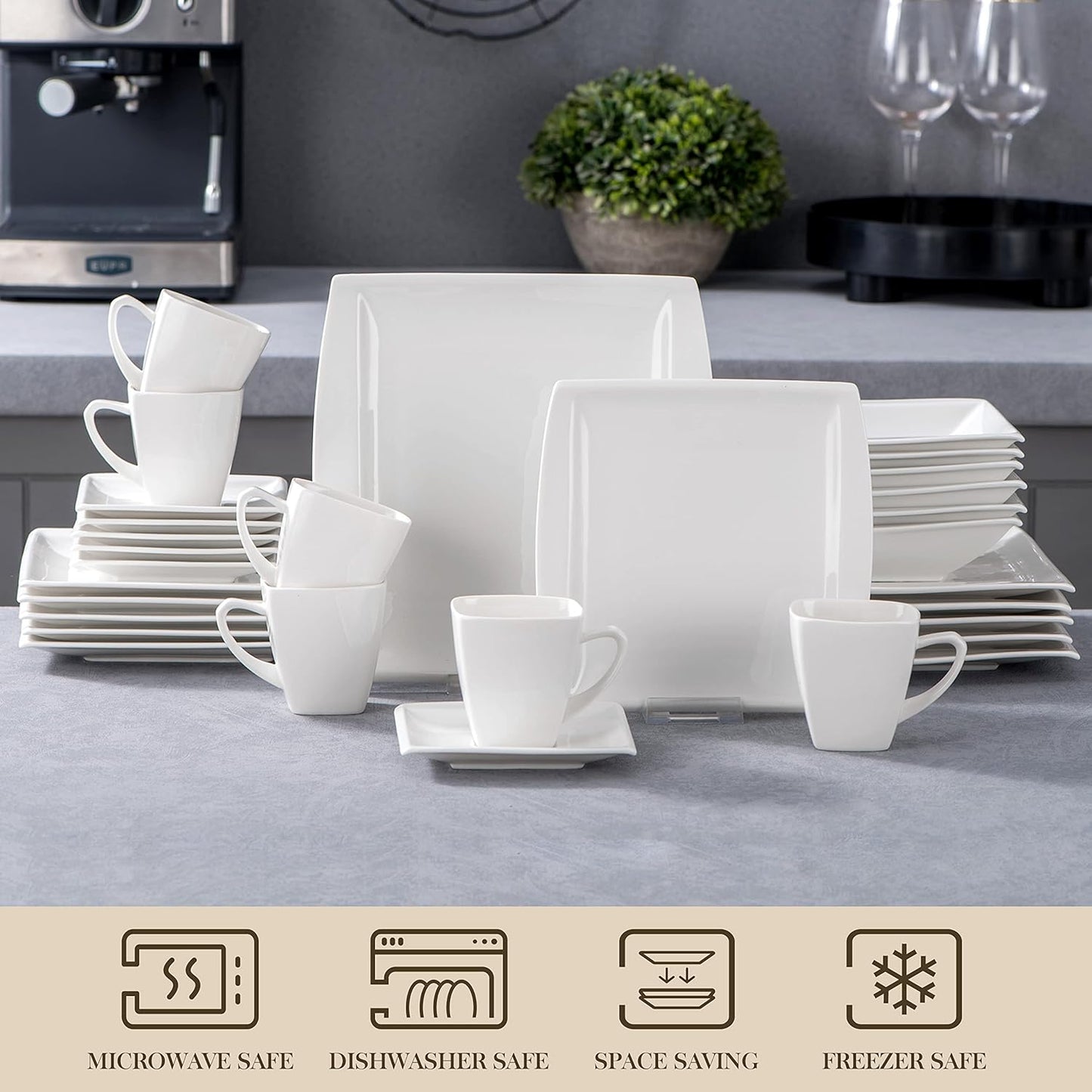 MALACASA Plates and Bowls Sets, Square Dinnerware Sets for 6 (30pcs), Series Blance