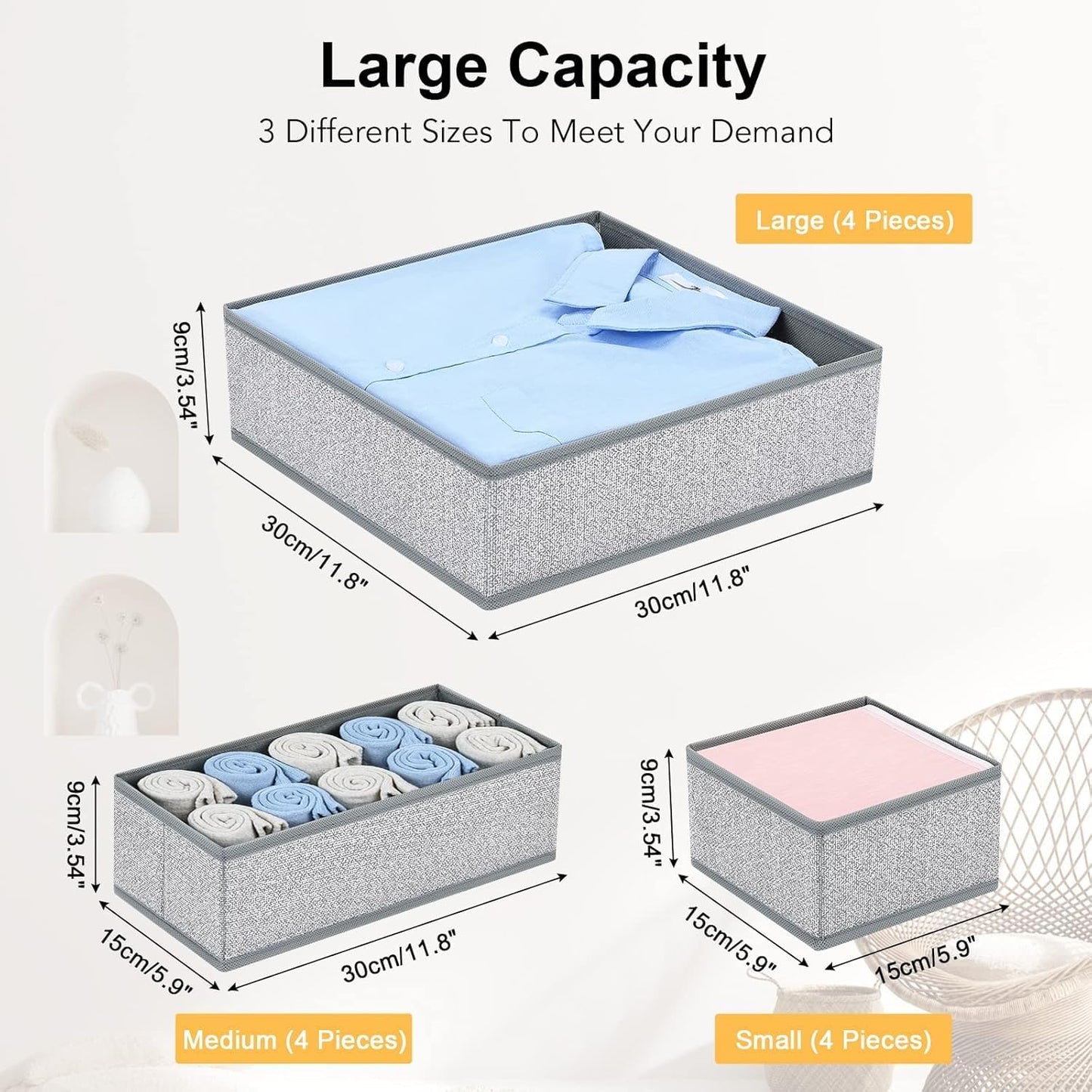 DIMJ Drawer Organizer Clothes 15 Pack - Foldable Baby Organizers and Storage & Dresser Organizer for Bedroom, Closet - Nursery Organization Dresser Dividers for underwear Sock Bra Belt Tie, Gray