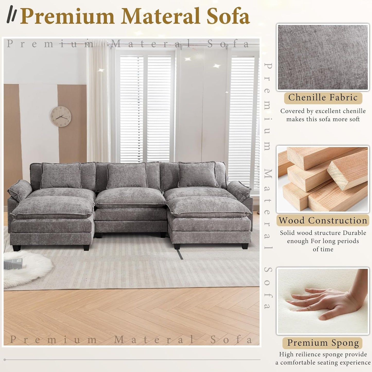 URRED Modular Sectional Sofa Comfy Cloud Couch, Modern Chenille Sofa Sleeper Deep Seat Couches with Ottoman/Pillows for Living Room (Gray, 117'' - U Shape)