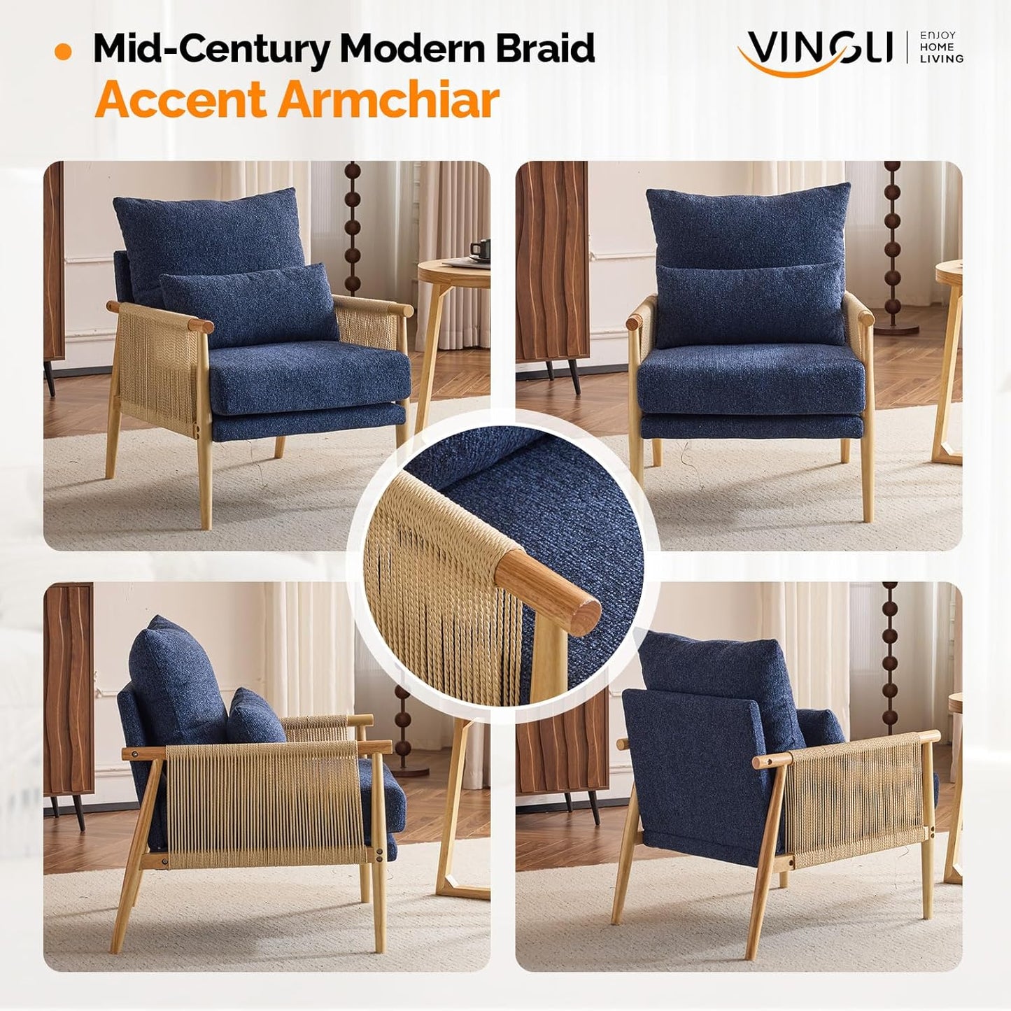 VINGLI Boho Braid Accent Armchair,Mid-Century Modern Chiar with Solid Wooden Armrest,Comfy Louge Cushion Chair with Waist Pillow for Bedroom,Living Room,Reading Room, Blue