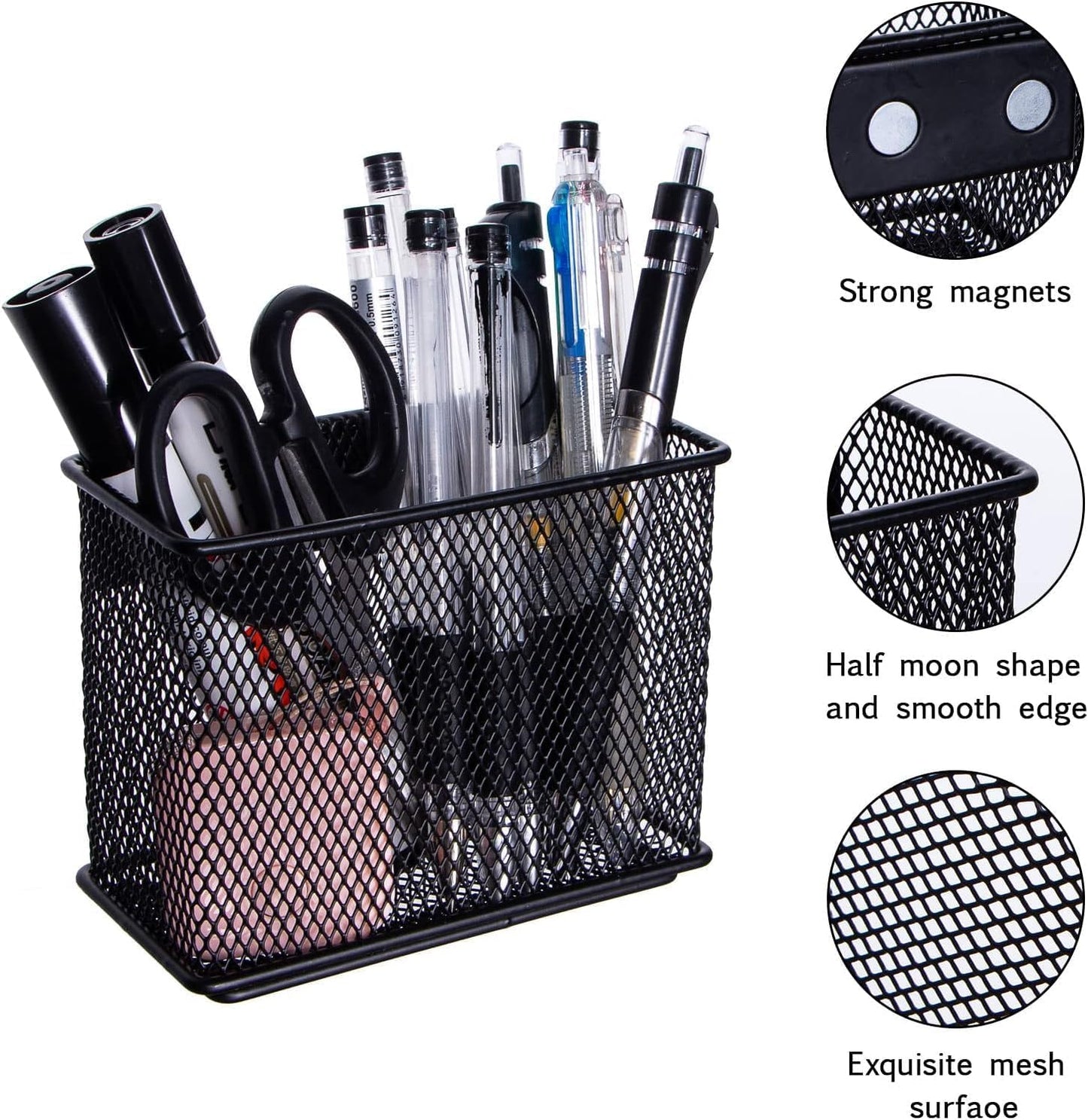 dedoot Magnetic Basket 2 Pack Magnetic Holder Locker Magnetic Pen Holder Magnetic Pencil Holder Strong for Whiteboard Marker, 4.7x2.3x3.7inch Black Mesh Magnetic Pen Holder for Refrigerator Fridge