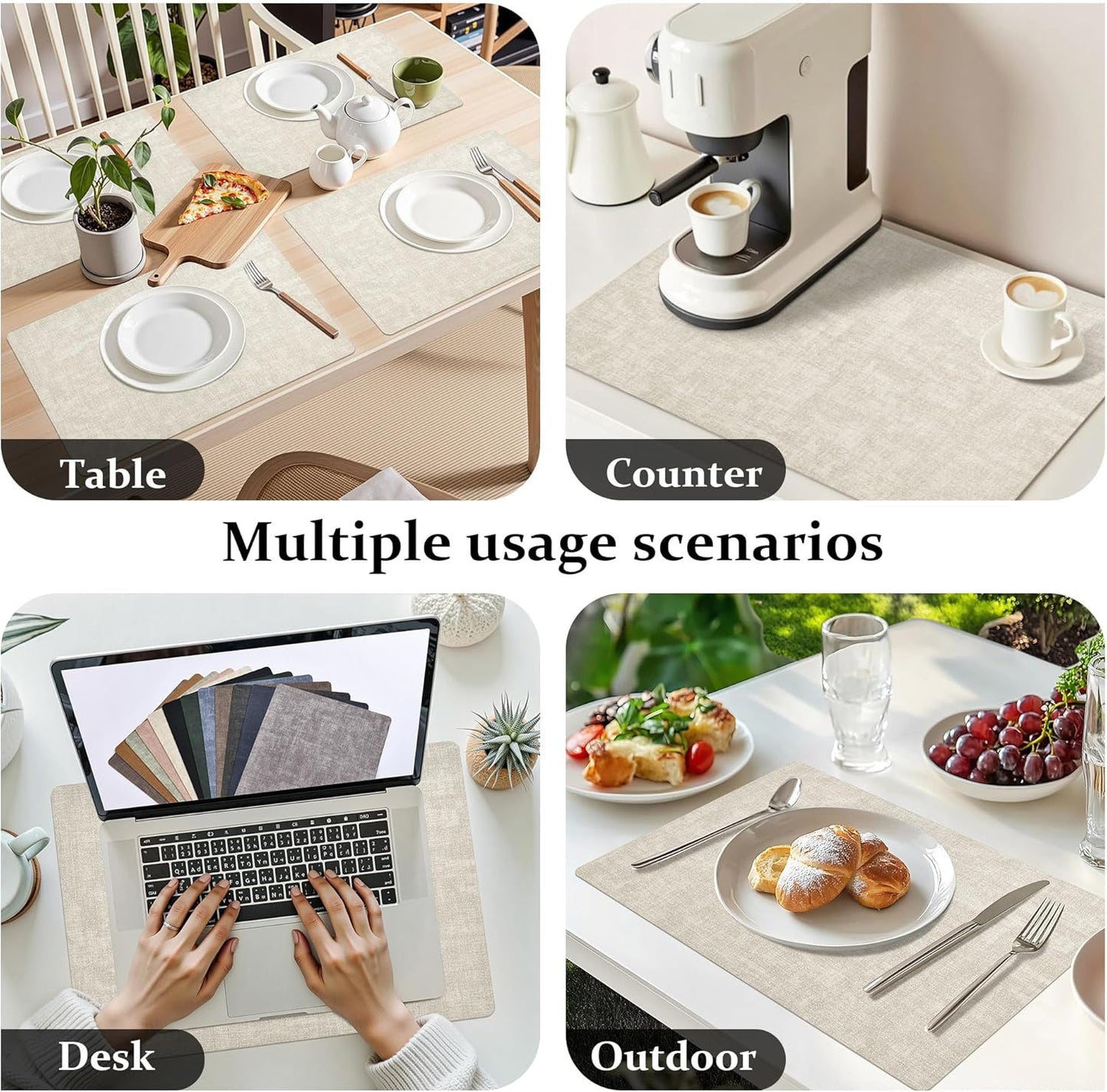 FROMHEART Faux Leather Placemats Set of 12–Waterproof,Heat/Oil Stain-Resistant PU Table Mat–Reversible,Non-Slip,Easy to Clean Place Mats for Kitchen,Dining,Indoor/Outdoor,(Beige,11.8" x 17")