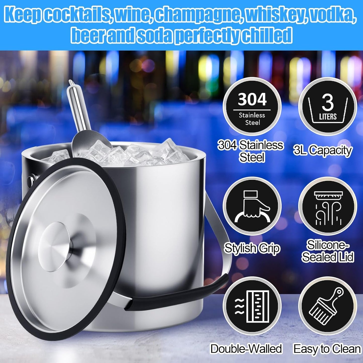 meekoo 3 L Double Wall Insulated Stainless Steel Ice Bucket with Lid, Scoop, Strainer, Handle Large Wine Ice Bucket Upgraded Cover Keep Frozen Longer for Cocktail Bar Parties(Silver)