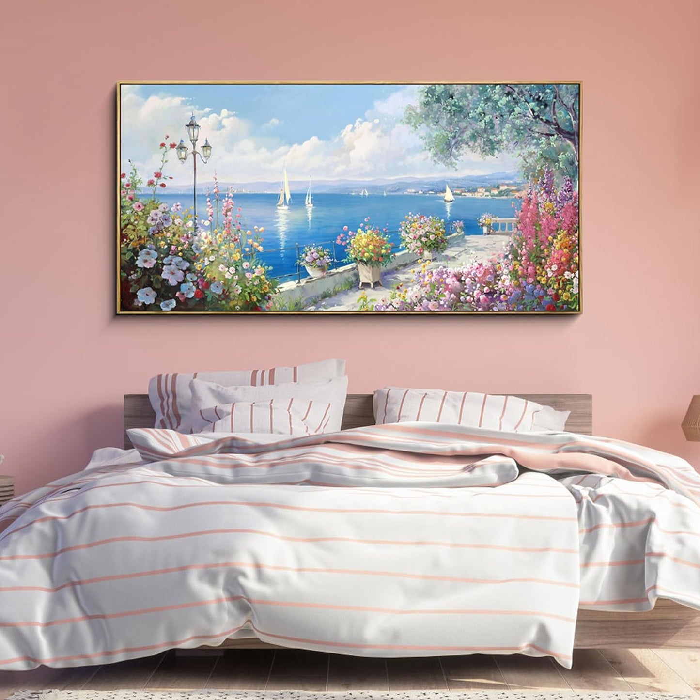 XLSJERST Large Coastal Wall Art - Ocean Seascape Canvas Yellow Green Flowers Painting Landscape Sailboat Picture Artwork Modern Large Framed for Living Room Bedroom Home Office Decor 58x29 Inches