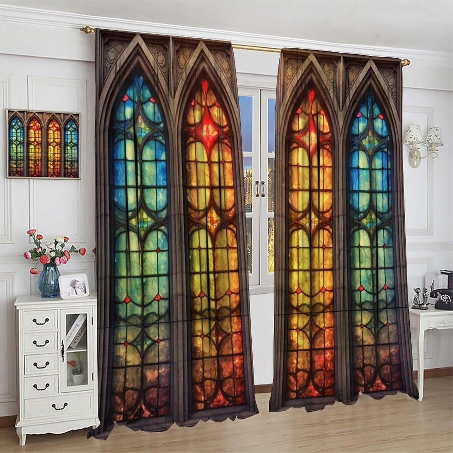 Stained Glass Curtains,Mid Century Vintage Style Abstract Art Home Decor Drapes for Bedroom Living Room Kitchen Window Treatment 2 Panels Set Total Size 84" W X 84" L Inch