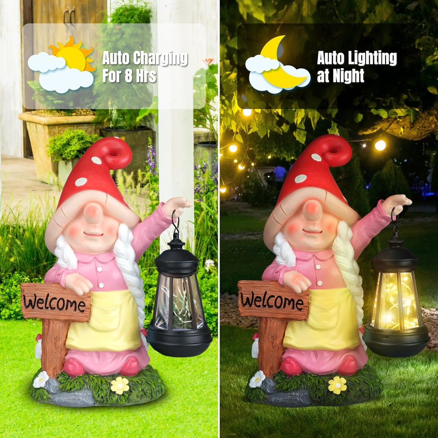 Solar Garden Gnome Statue Holding LED Lantern with Welcome Sign Outdoor Ornaments Waterproof Christmas Decoration for Outside Patio Yard Lawn Decor (Pink)