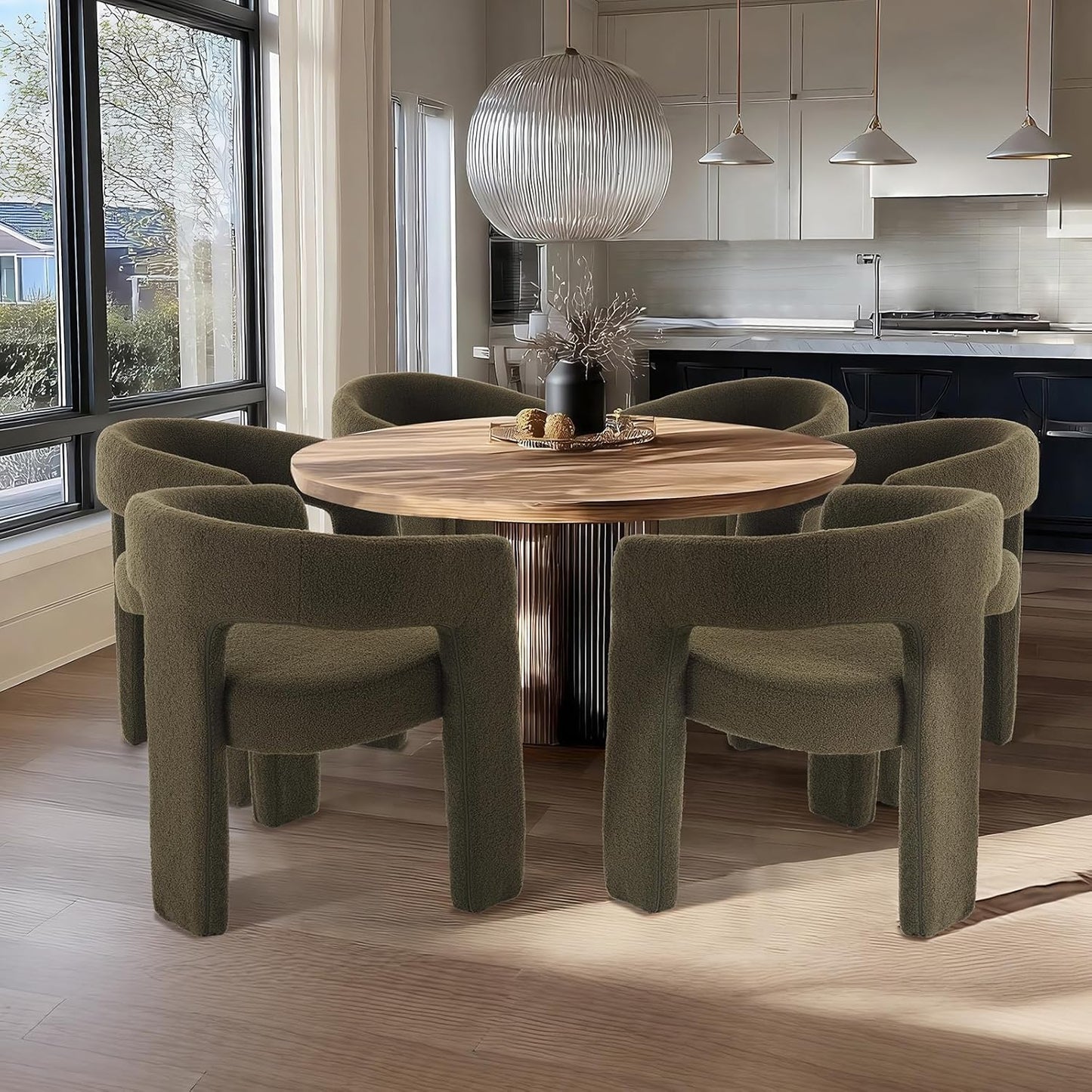 Green Sherpa Dining Chairs Set of 6, Modern Barrel Dining Room Chairs Upholstered Faux Fur Accent Chair with Arms and Round Back for Living Room Kitchen Armchair No Assembly Needed