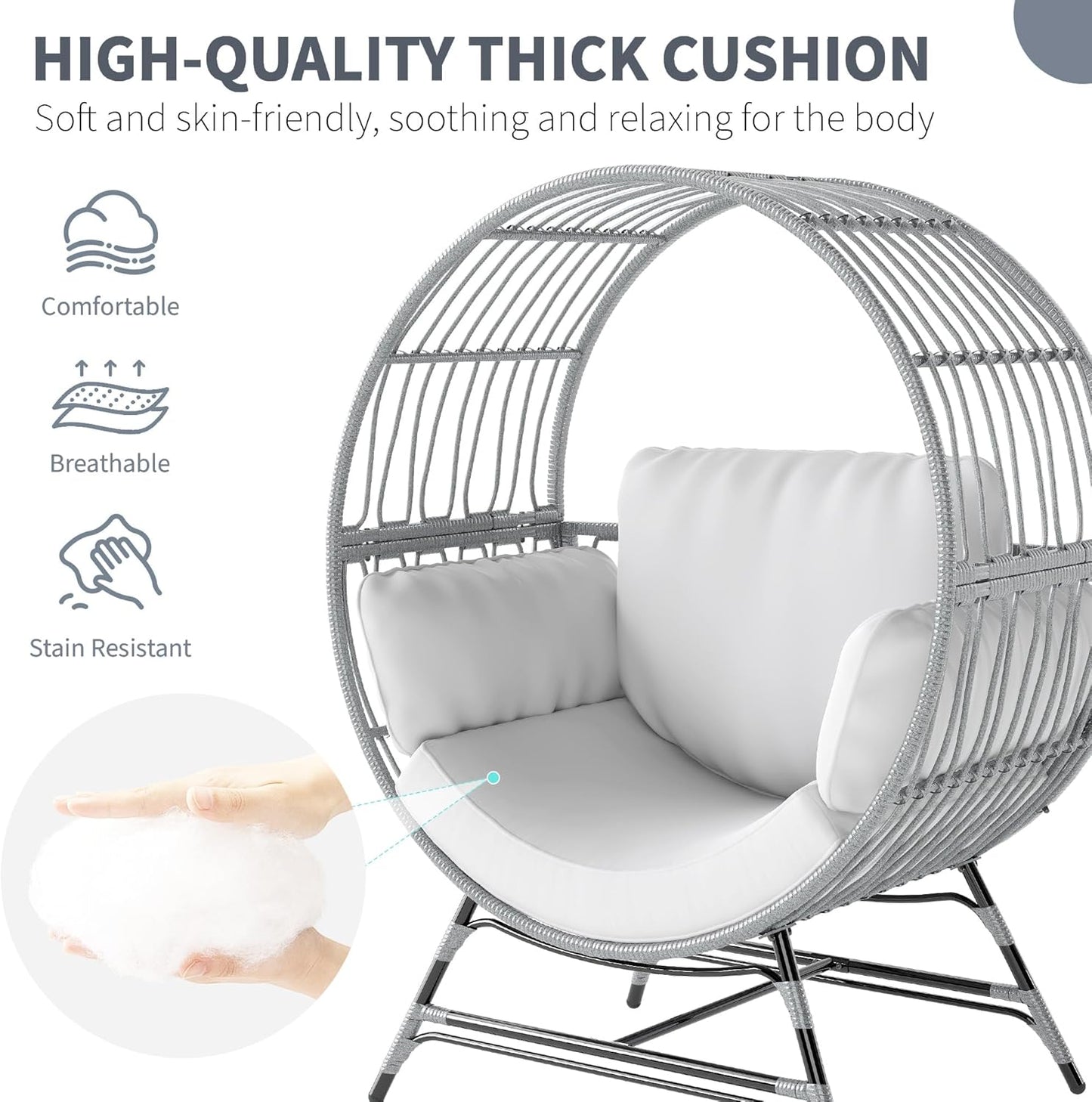 Egg Chair Outdoor Indoor, Oversized Rattan Chair with Thicken Cushion, 350LBS Capacity Wicker Patio Lounge Chair, Basket Chair for Living Room Balcony Porch Backyard, Grey/Light Grey