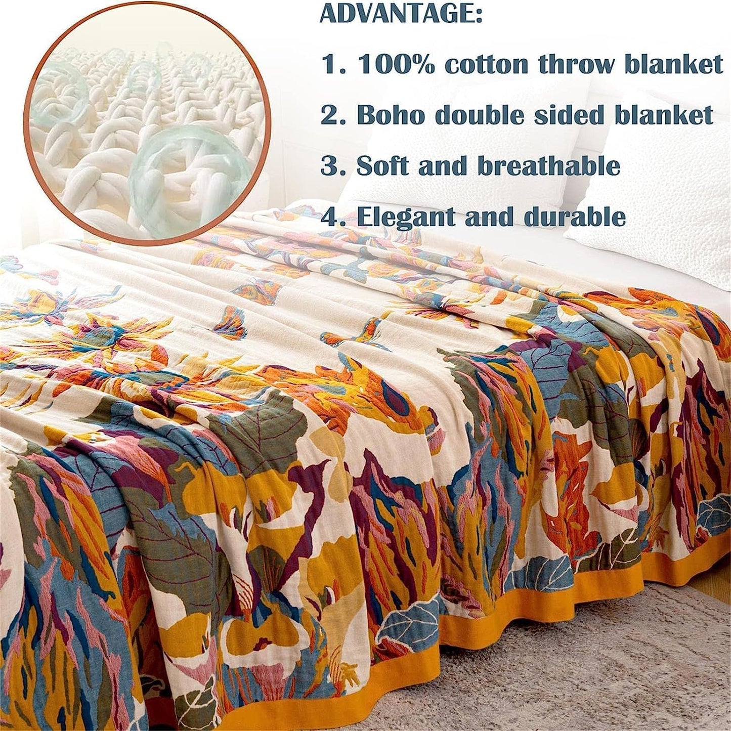 100% Cotton Throw Blanket for Bed Couch Summer 98''x 98'' Super Soft Muslin Blankets Warm Boho Quilt Lightweight Farmhouse Decorative Bed Blankets