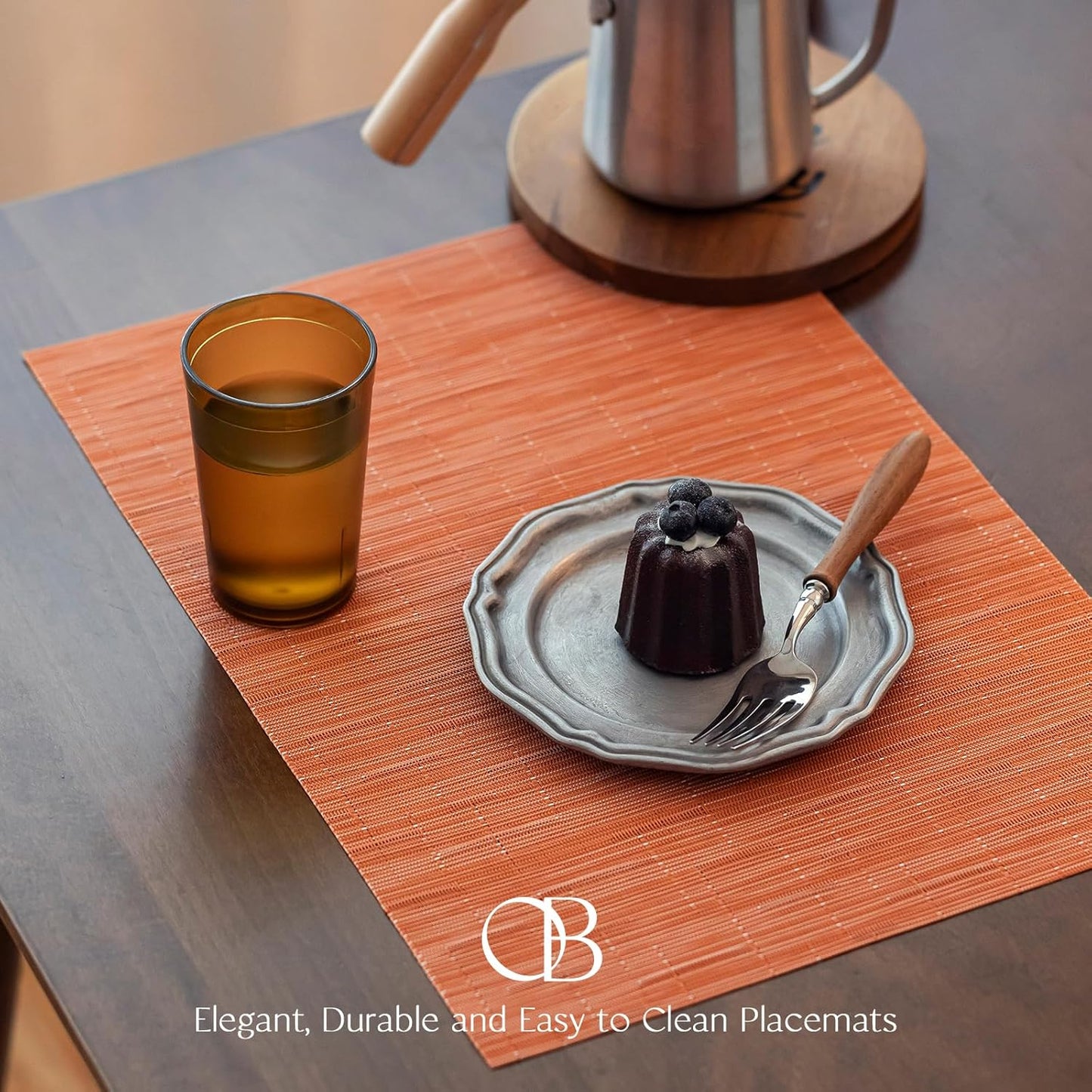 Placemats Set of 6 - Easy Clean Woven Vinyl Placemats for Dining Table, Indoor/Outdoor Place Mats, Washable PVC Table Mats （Orange）