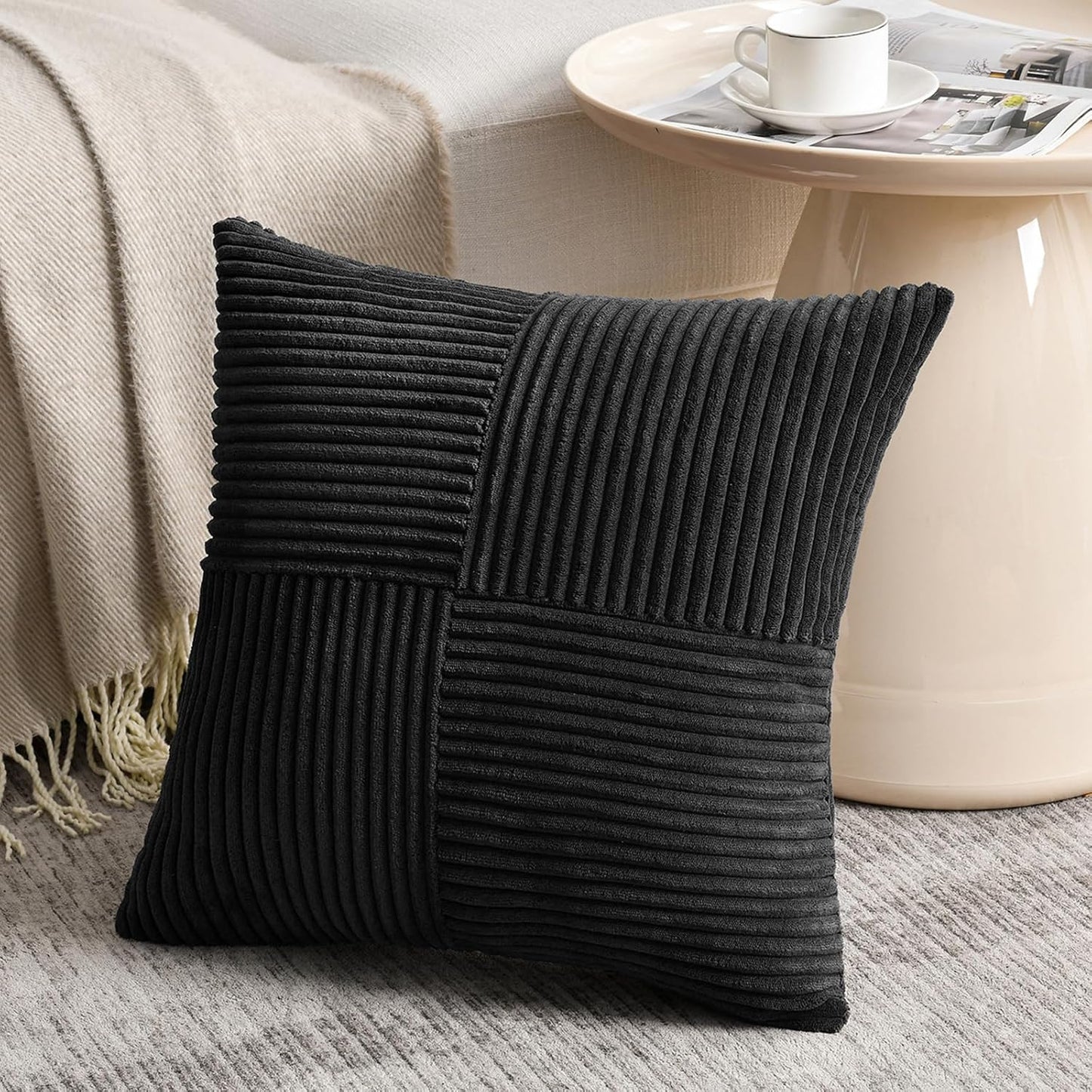Fancy Homi 2 Packs Black Decorative Throw Pillow Covers 18x18 Inch for Living Room Couch Bed Sofa, Rustic Farmhouse Boho Home Decor, Soft Corss Corduroy Patchwork Textured Square Cushion Case 45x45 cm