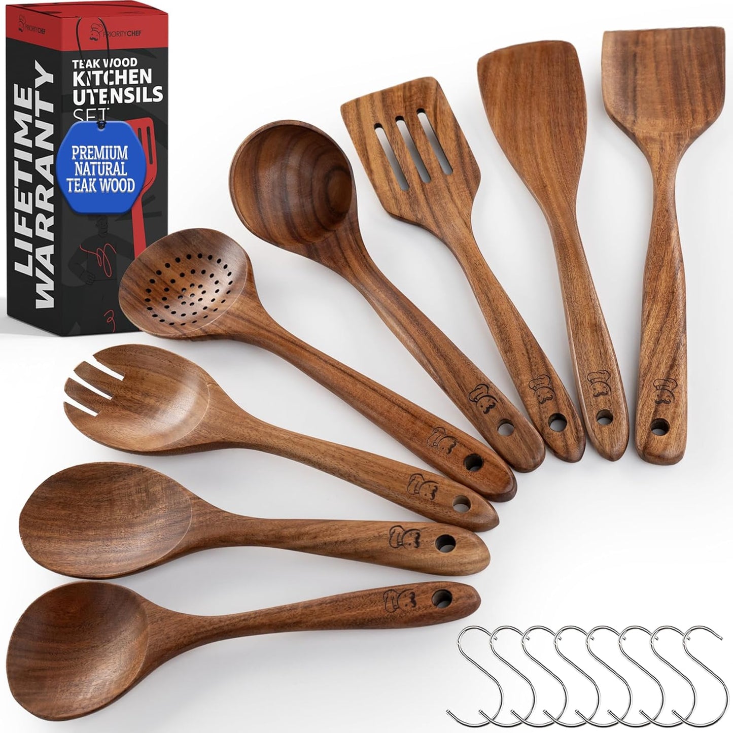 PriorityChef Premium Wooden Spoons for Cooking - 8pc Smooth Finish Teak Utensil Set with Hanging Hooks, Heat-Resistant & Nonstick Safe, Ideal for Gifting
