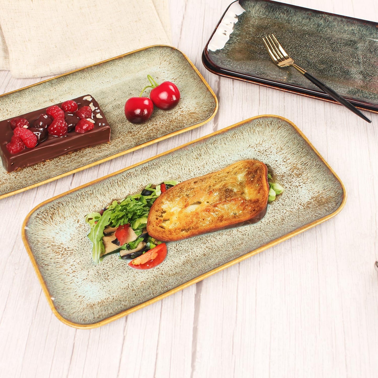 Ceramic Dinner Plates Dish Set, Set of 4, Microwave Oven and Dishwasher Safe,Scratch Resistant, Dinnerware Kitchen Porcelain Serving Dishes Brown glaze change, 12.4 Inch Rectangle plate