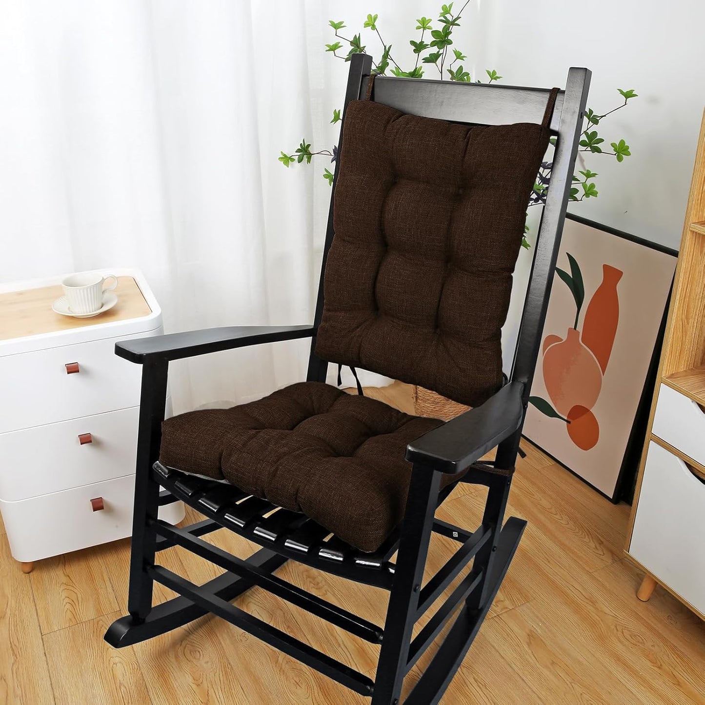 BUYUE Chair Cushion Set for Rocking Chair, Back Pillow & Seat Cushion with Ties, Original Woven Fabric Non-Slip Chair Pads for Elderly Sitting, Chocolate