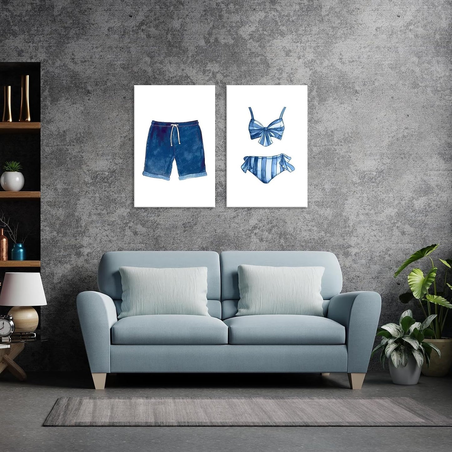 Liyark Set of 2 Retro Navy Blue And White Swimsuit Art Posters Beach Bathing Suit Prints Painting Beach House Wall Art Coastal Wall Decor Pictures For Bathroom Home Decoration 24x36in Framed