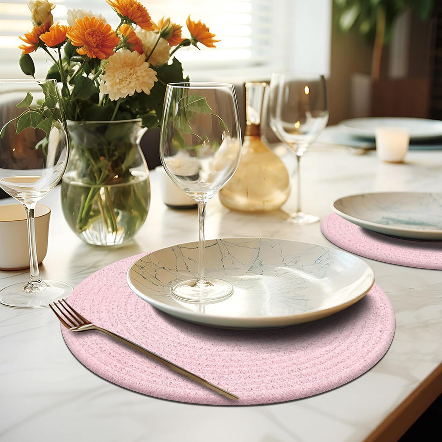Round Placemats Set of 6, Cotton Rope Woven Table Mats, Hot Pads for Kitchen, Non Slip Heat Resistant Place Mats, 13 Inches Braided Placemat for Farmhouse Decor and Kitchen Table Decor (Pink)