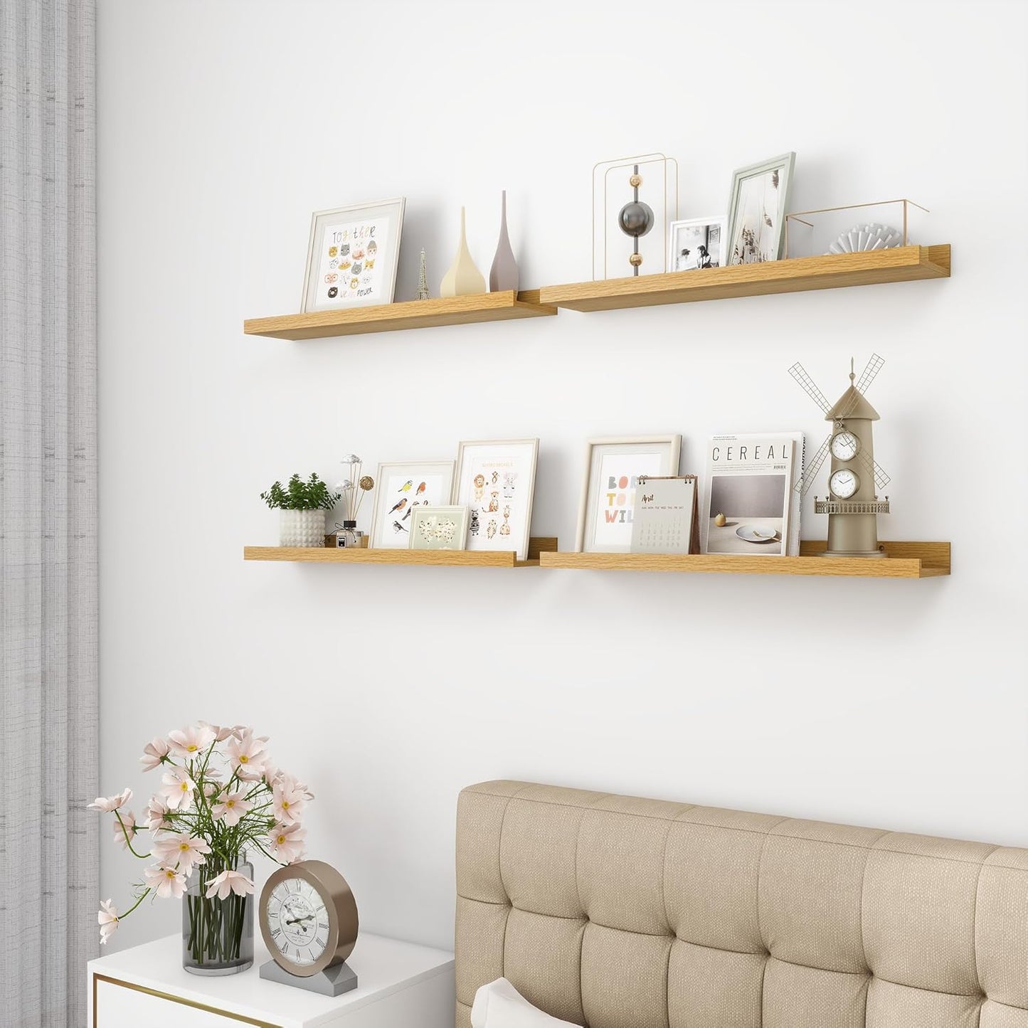 Picture Ledge Shelf, Wood Floating Shelves Set of 4, 24 inch Picture Ledge Shelves, Photo Ledge Nursery Book Shelves Wall Mounted for Living Room Kids' Room Bedroom, Color Oak