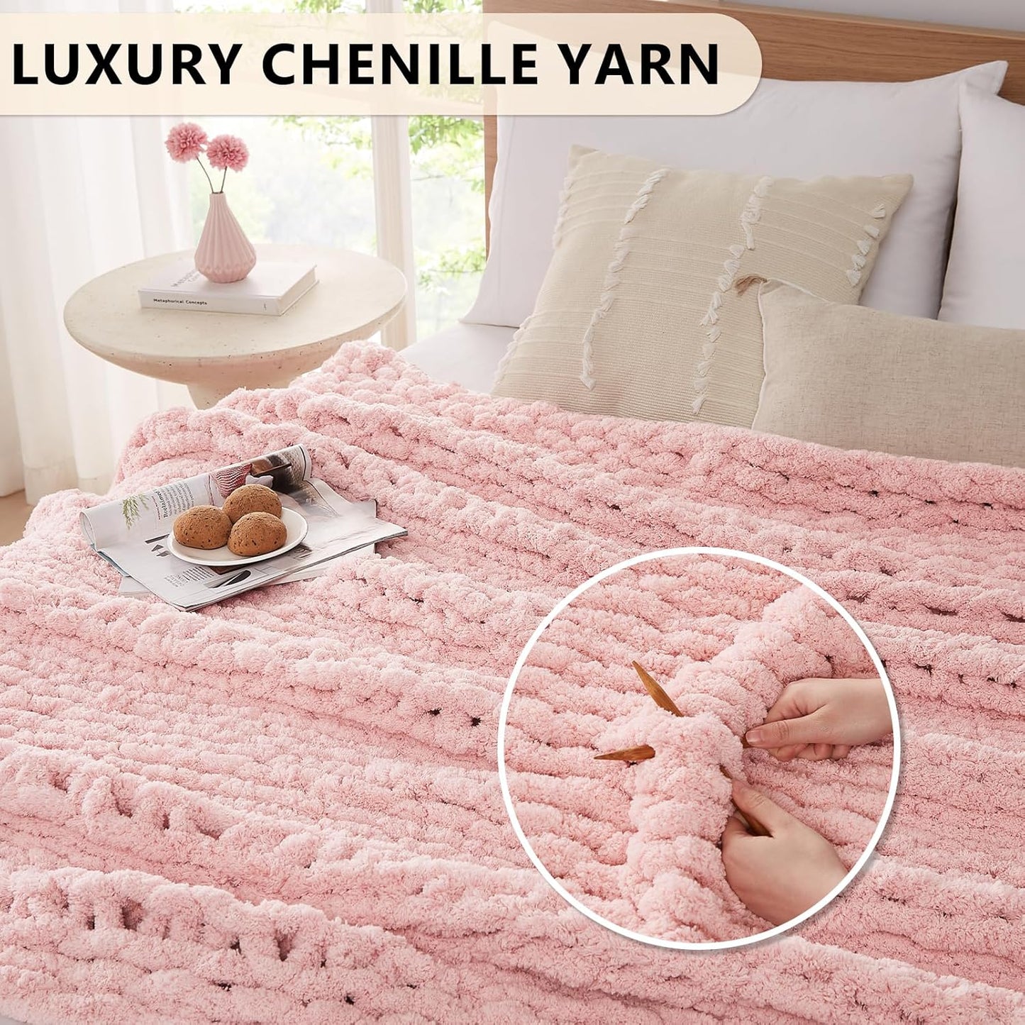 L'AGRATY Chunky Knit Blanket Throw: 80''x90'' Chenille Chunky Knitted Throw Blanket for Bed Couch - Handmade Thick Big Cable Knit Blanket - Large Chunky Crochet Rope Blanket for Home Decor(Pink)