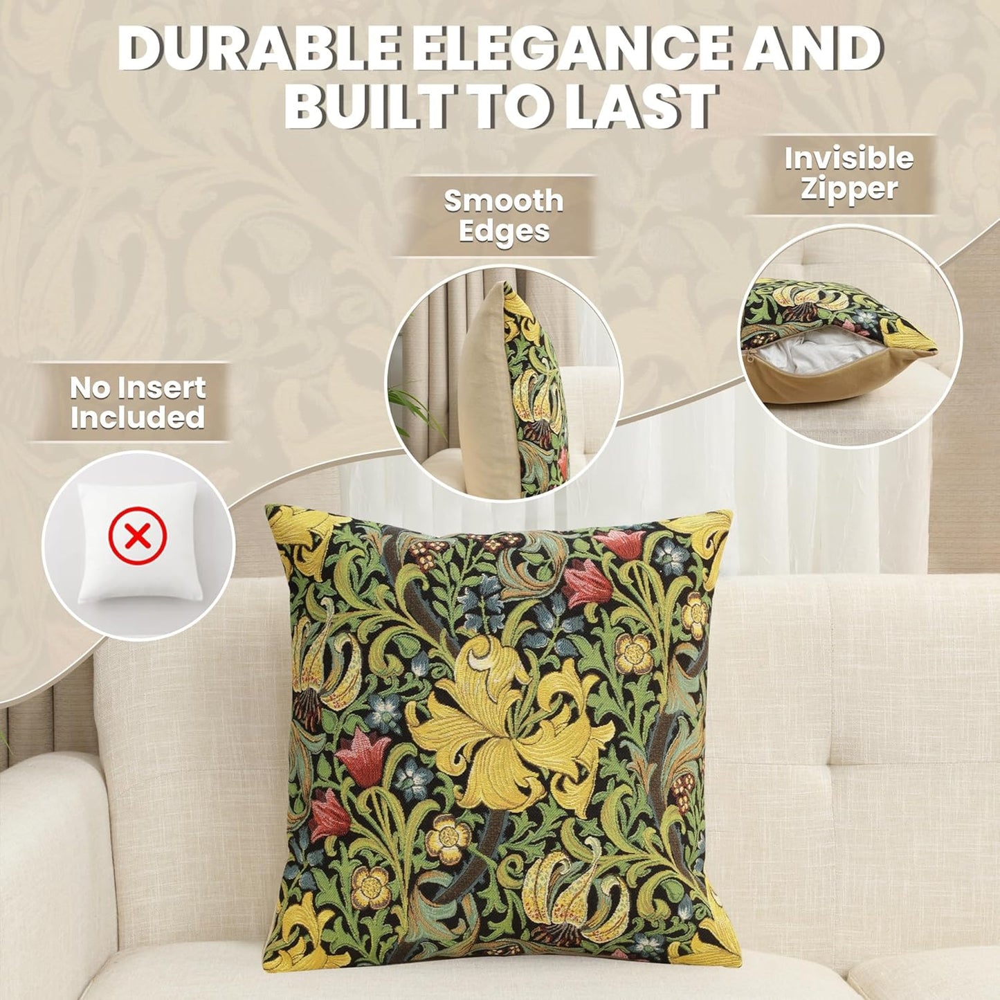 Charlotte Home Furnishings Throw Pillow Covers, Decorative Boho Pillow Cover for Couch, Living Room, Golden Lily Black Square Cushion Cases 18x18 in, European Cotton Jacquard Woven, Cozy Bedroom Decor