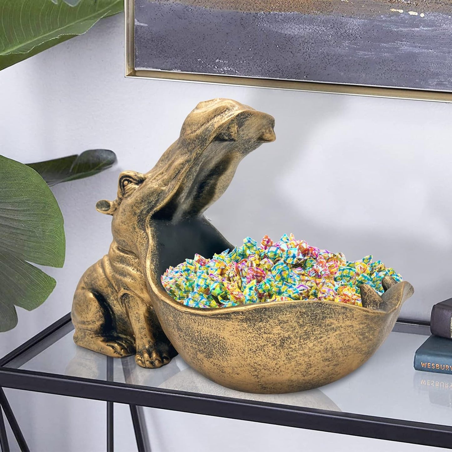 aboxoo Hippo Statue Home Resin Hippopotamus Figurine Sculpture Table Art Decoration Sundries Key Container Storage Box (Gold)