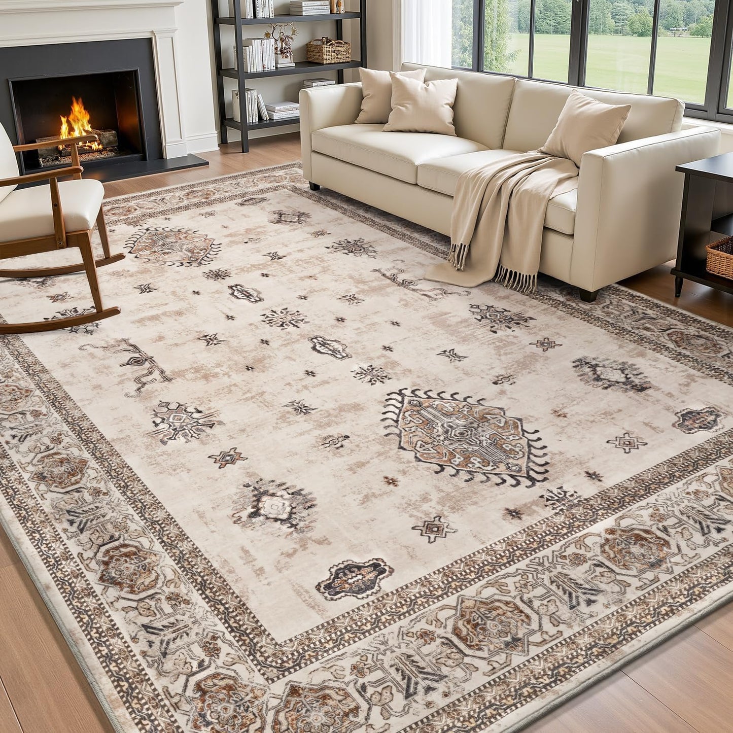 AMOAMI-Vintage Area Rug 8X10 Brown Rugs for Living Room-Soft Living Room Rug Non Slip Rugs for Bedroom Carpet Machine Washable Rug for Dining Room Bedside Office Room Decor