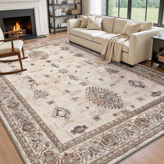 AMOAMI-Vintage Area Rug 8X10 Brown Rugs for Living Room-Soft Living Room Rug Non Slip Rugs for Bedroom Carpet Machine Washable Rug for Dining Room Bedside Office Room Decor