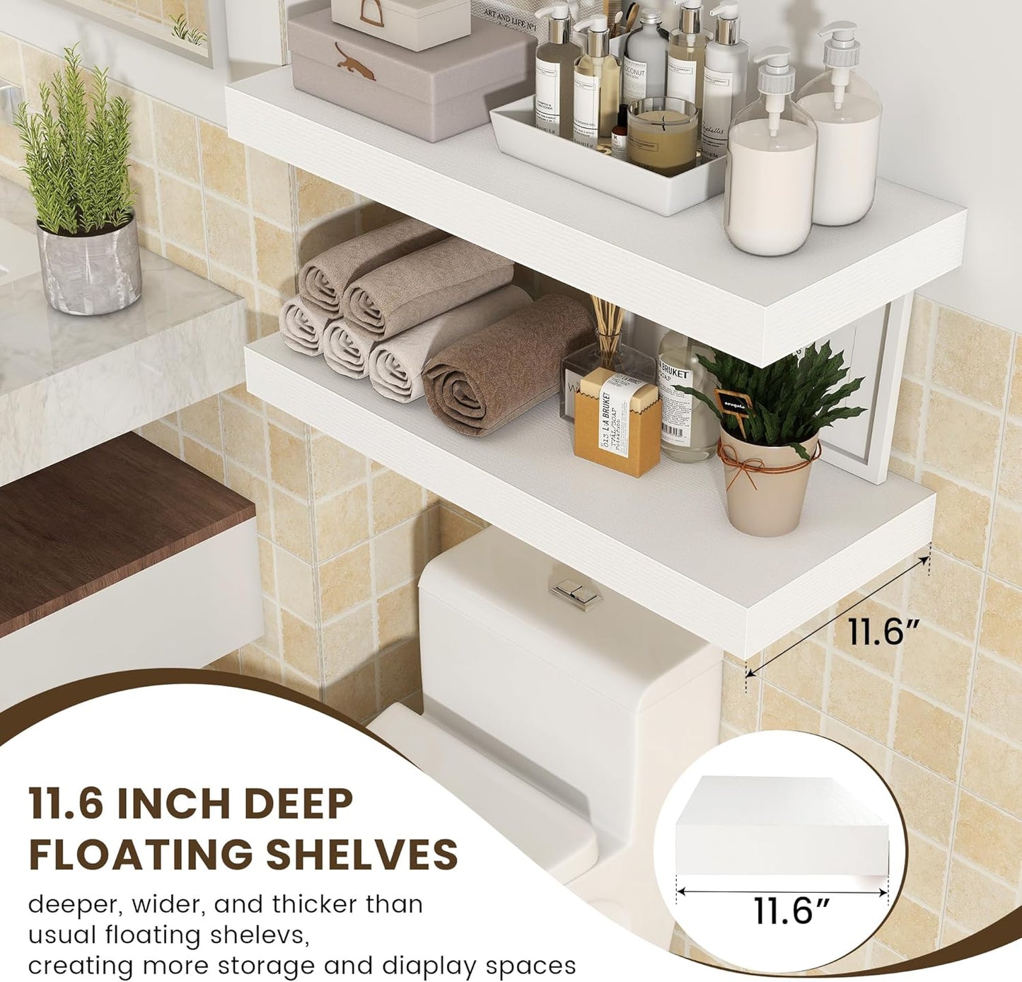 Deep Floating Shelves | 30 Inch Floating Shelves for Wall Set of 2 | 12 Inch Deep White Shelves for Living Room Bathroom Laundry Room Bedroom Kitchen Home Office - White