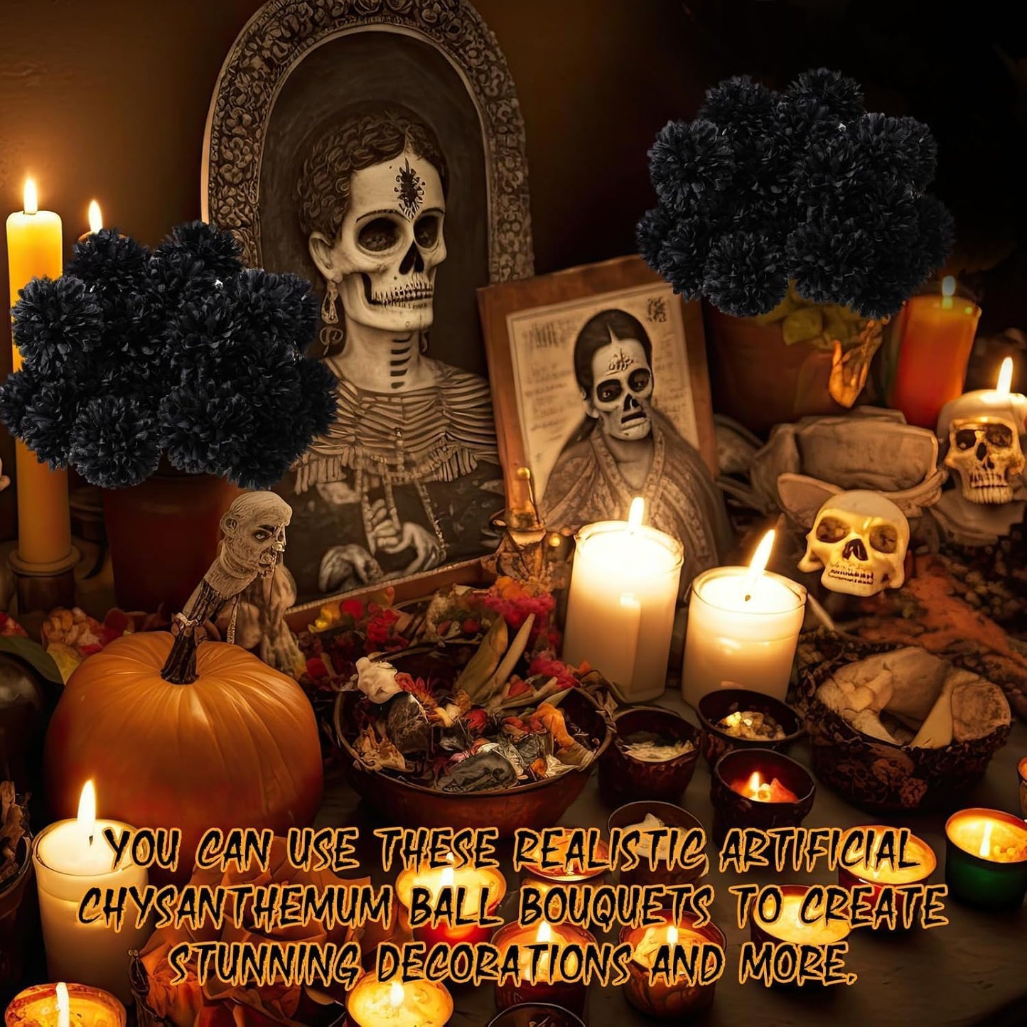 Kimura's Cabin 20Pcs Black Fake Ball Flowers Artificial Silk Chrysanthemums Faux Mums Flower Bouquets for Halloween Home Festive Party Decor Kitchen Table Centerpiece(Black)