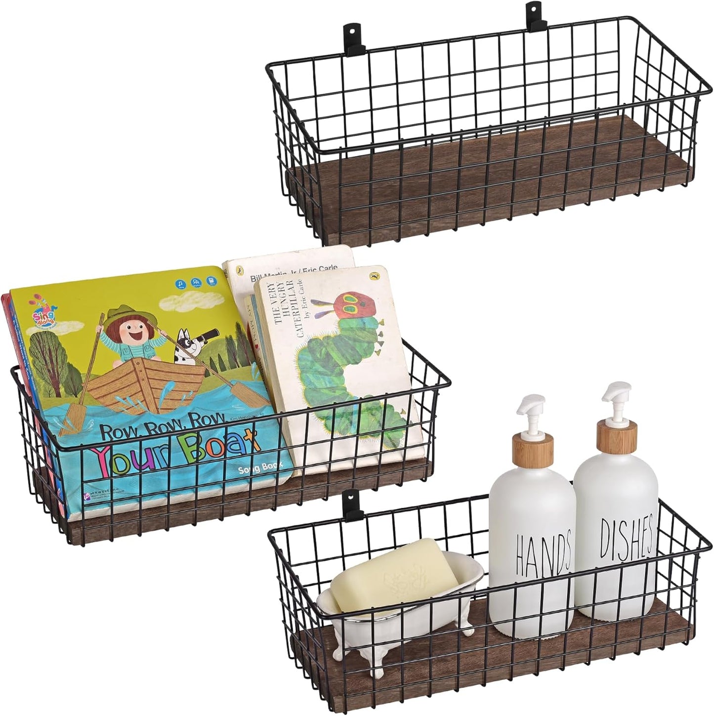 Wall Hanging Baskets 3 Pack, Extra Large Diversified Wire Basket Shelves of Wooden Style, with Wall Mounted Hooks & Traceless Stickers, for Kitchen Coffee Bar Office Room Garage Storage Organization