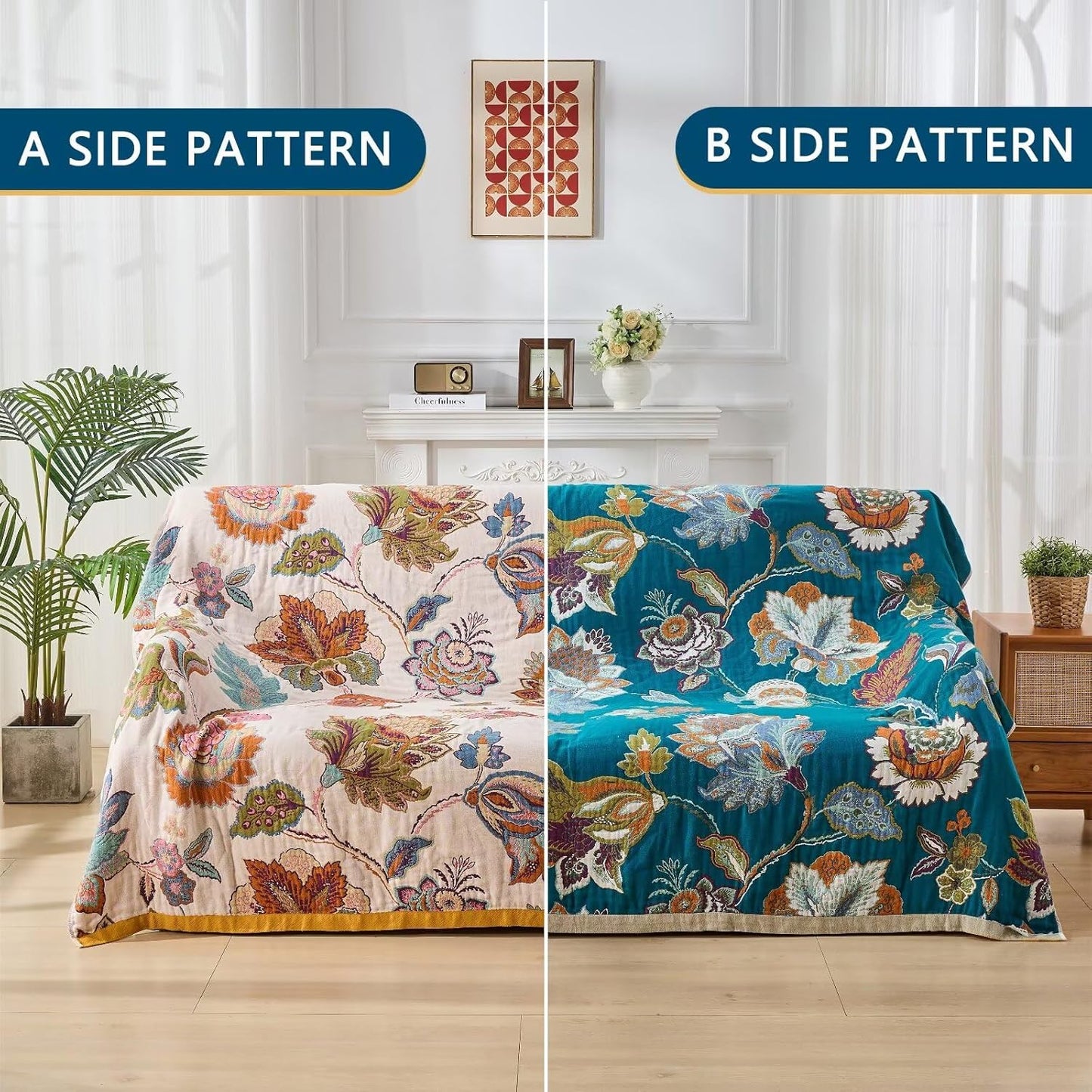 Summer Boho Throw Blanket for Bed, Multi Reversible Blanket Washable Breathable,Lightweight 4-Layer King Size Quilt for Bed,Floral Birds, 100% Cotton Muslin Large Travel Throw Blanket,90"x98"