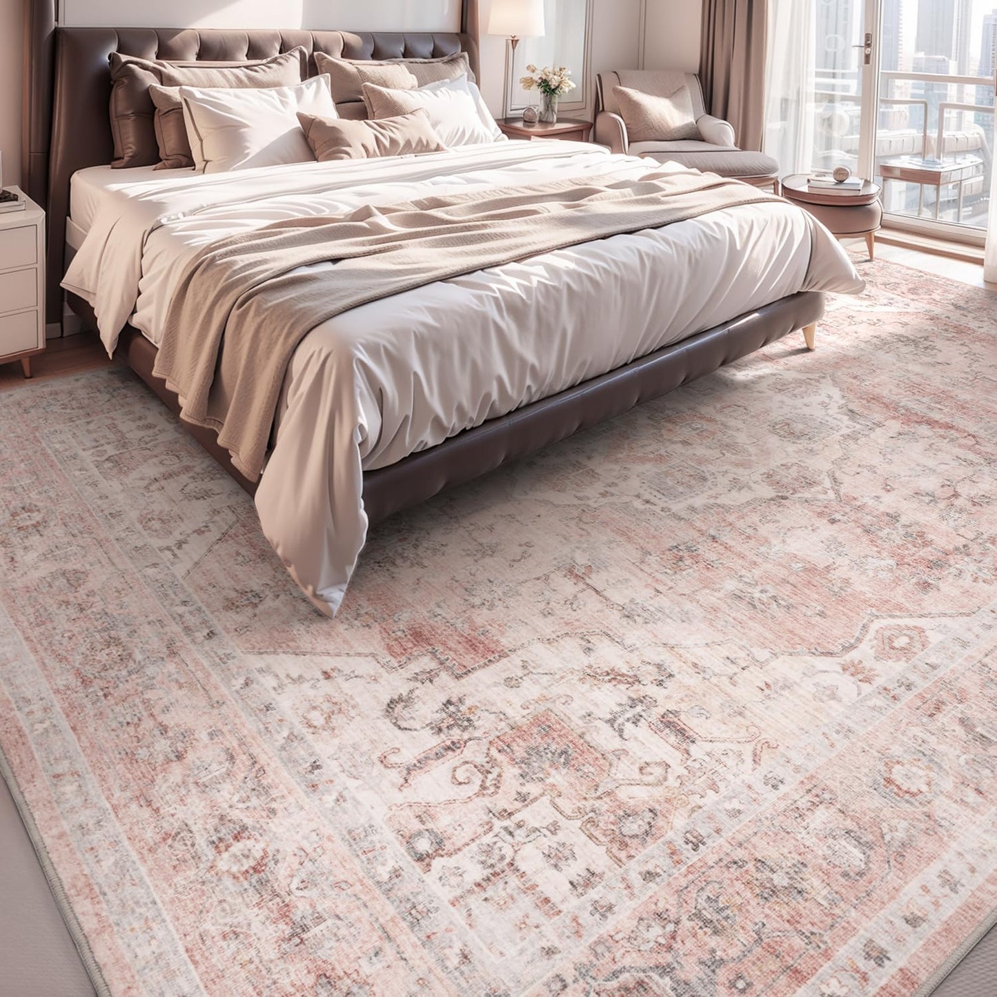 AMOAMI-3X5 Area Rug-Soft Washable Vintage Throw Accent Rugs for Living Room, Entryway, Bedroom, Kitchen, Bathroom, Laundry Room, Kitchen, Bathroom, Bedside, No Slip Pink