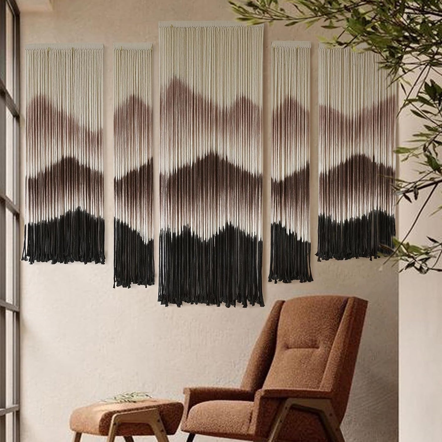 IOWER Large Macrame Wall Hanging Mountain Handmade Brown Dip-Dyed Boho Wall Decor 5Pcs Art Wall Decor for Bedroom Living Room Fiber Art Tapestry