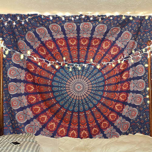 Bless International Handmade Indian hippie Bohemian Psychedelic Peacock Mandala Wall hanging College Dorm Beach Throws Table Cloth Bedding Tapestry (Golden Blue White, Poster(30x40Inches)(76x101cms))