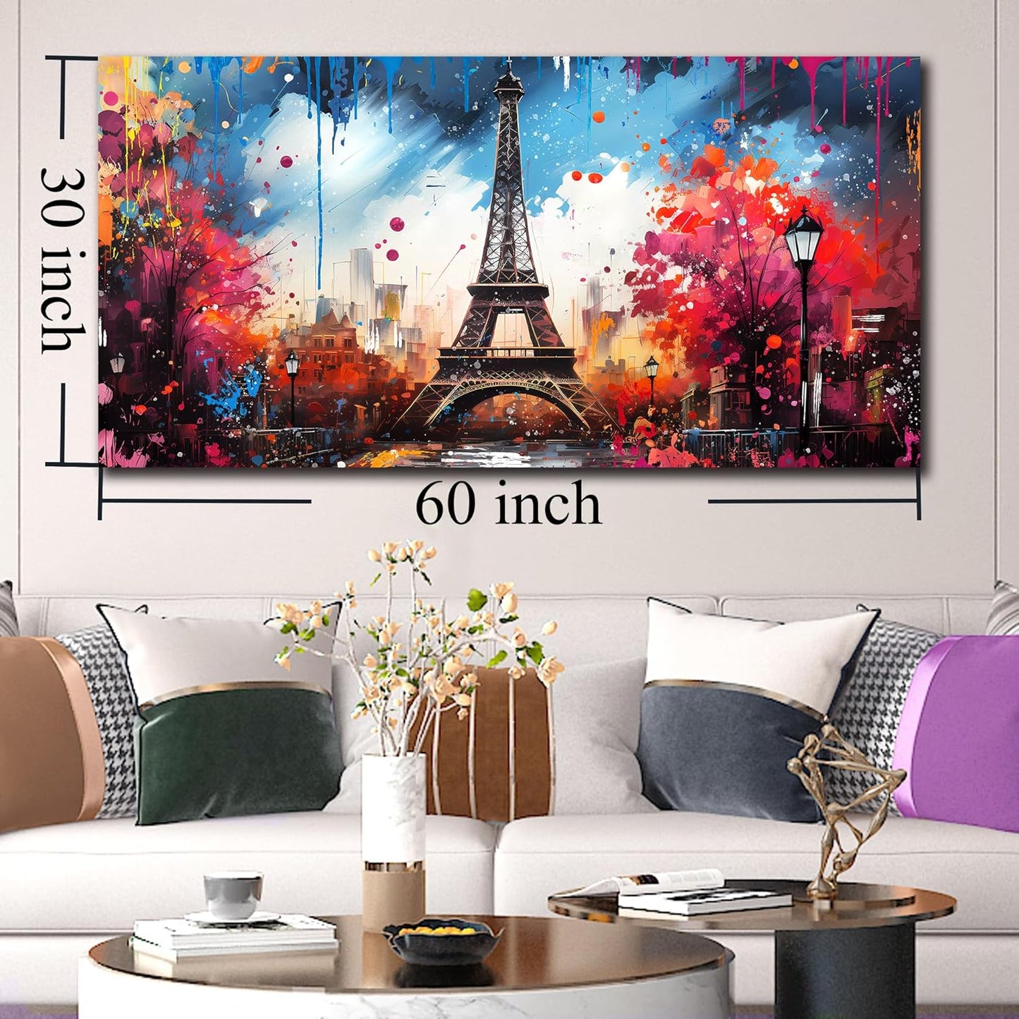 Large Canvas Wall Art Paris Eiffel Tower Decor Modern Graffiti Canvas Prints Ready to Hang for Living Room Bedroom Framed Home Decor Size 30x60