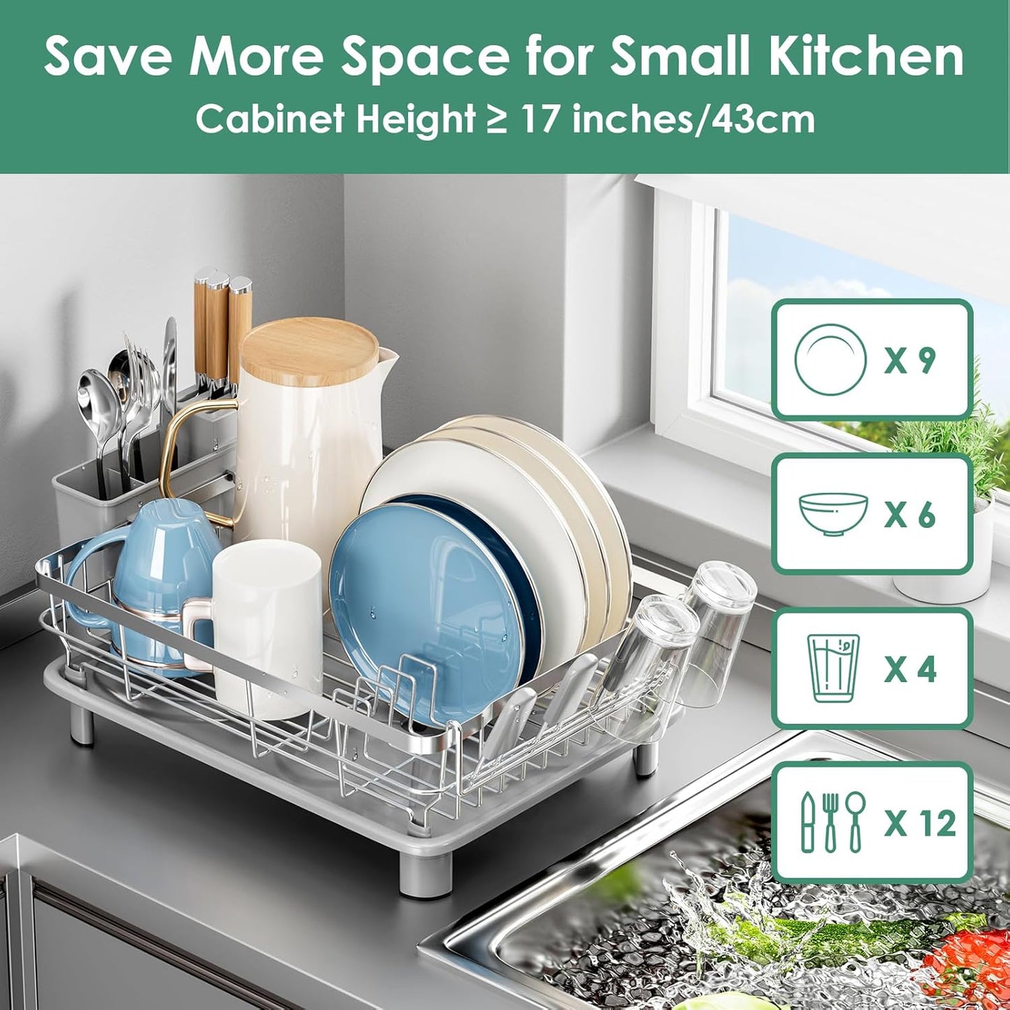 MOUKABAL Dish Drying Rack - Stainless Steel Dish Rack, Dish Racks for Kitchen Counter, Drying Rack Kitchen with Removable Utensil Holder, Drainboard and Glass Organizer (Grey)